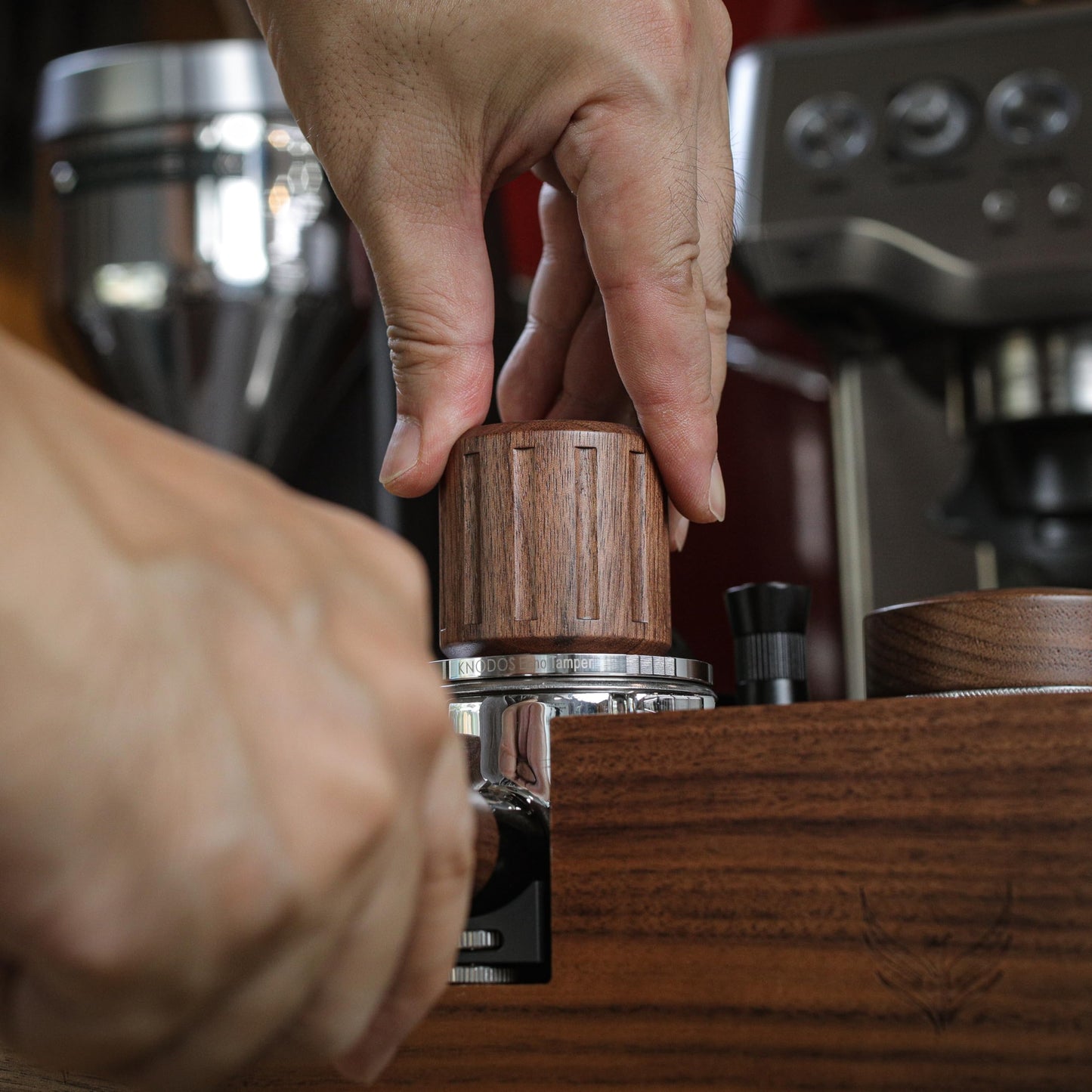 KNODOS Echo Calibrated Espresso Tamper 54mm with Click Feedback, 30lb Spring, Walnut Handle for Breville Portafilters