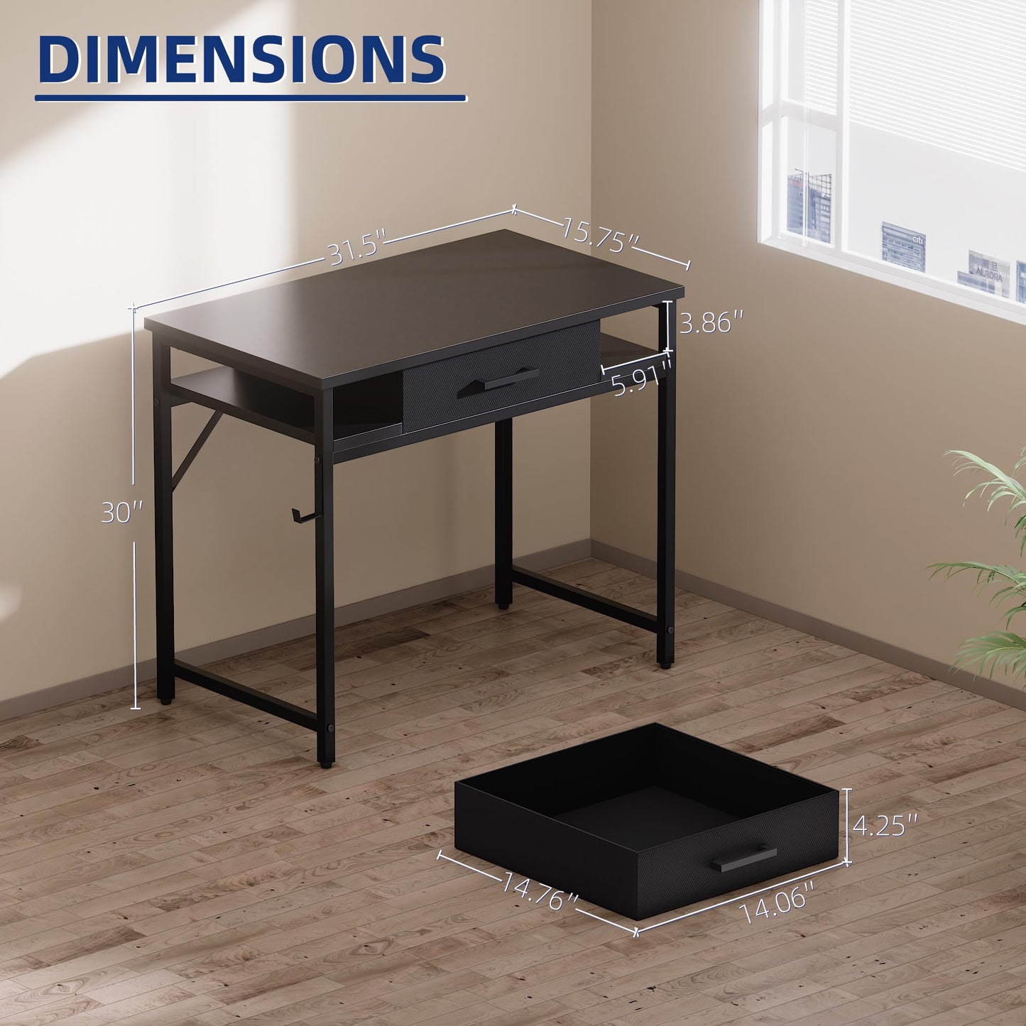 Pamray 32 Inch Small Computer Desk with Drawer and Shelves Simple Study Work Table for Bedroom Black