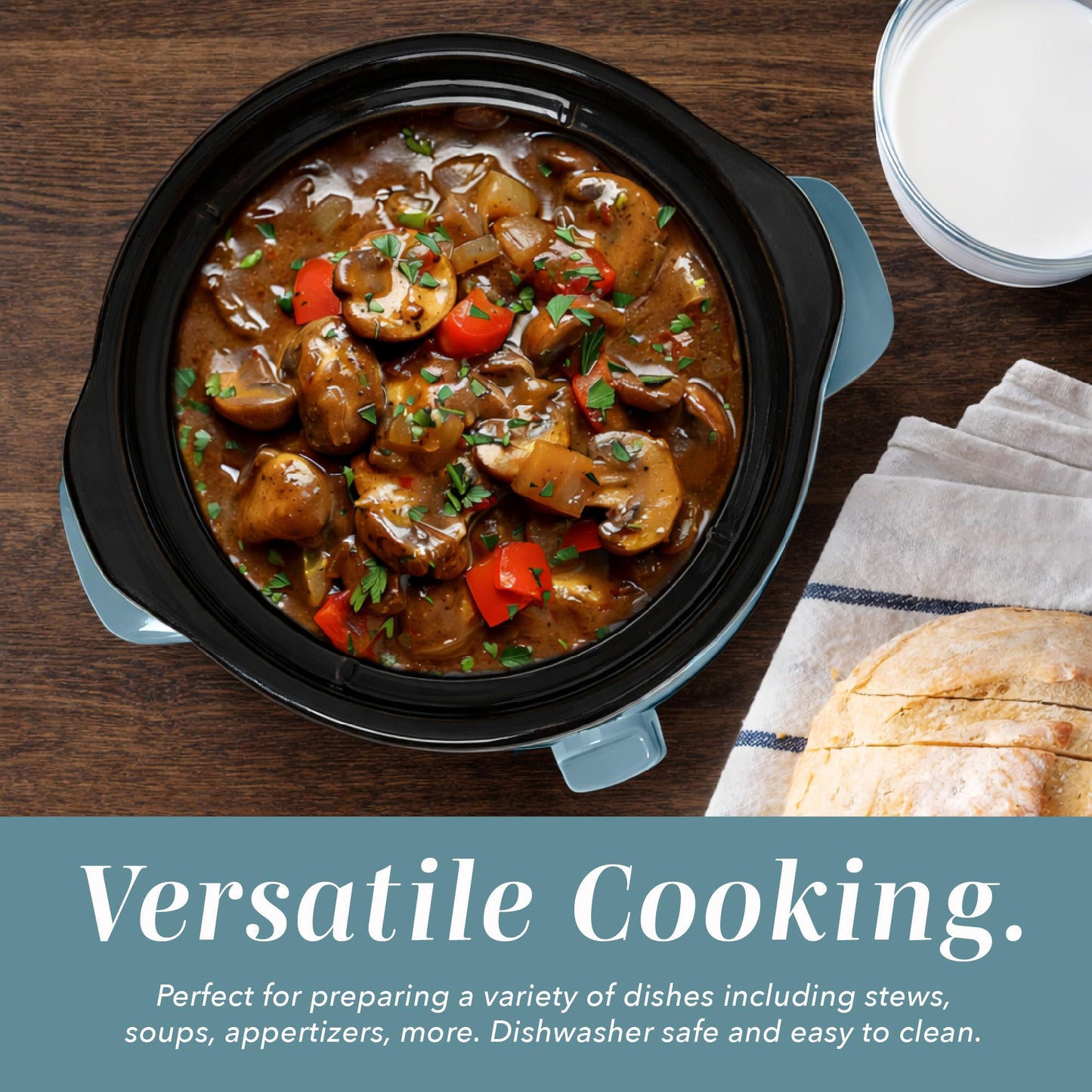 COOK WITH COLOR 2QT Mini Electric Round Slow Cooker - Adjustable Settings, Removable Stoneware Pot, Tempered Glass Lid, Dishwasher Safe, Cool-Touch Side Handles, Slate Blue