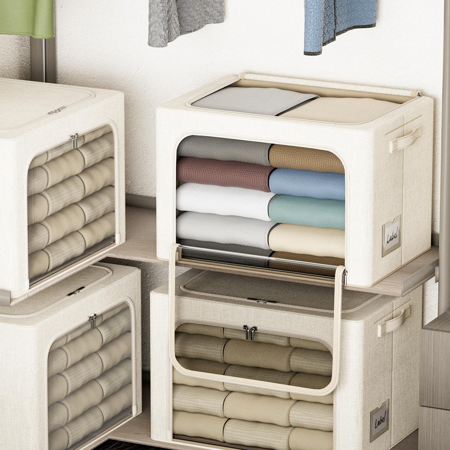 Chizjox 4 Pack Clothes Storage Bins with Metal Frame - 36L Stackable Storage Box with Lid,Foldable Storage Container Organizer for Clothes,Linen Fabric Storage Box with Clear Window&Zippers&Handles