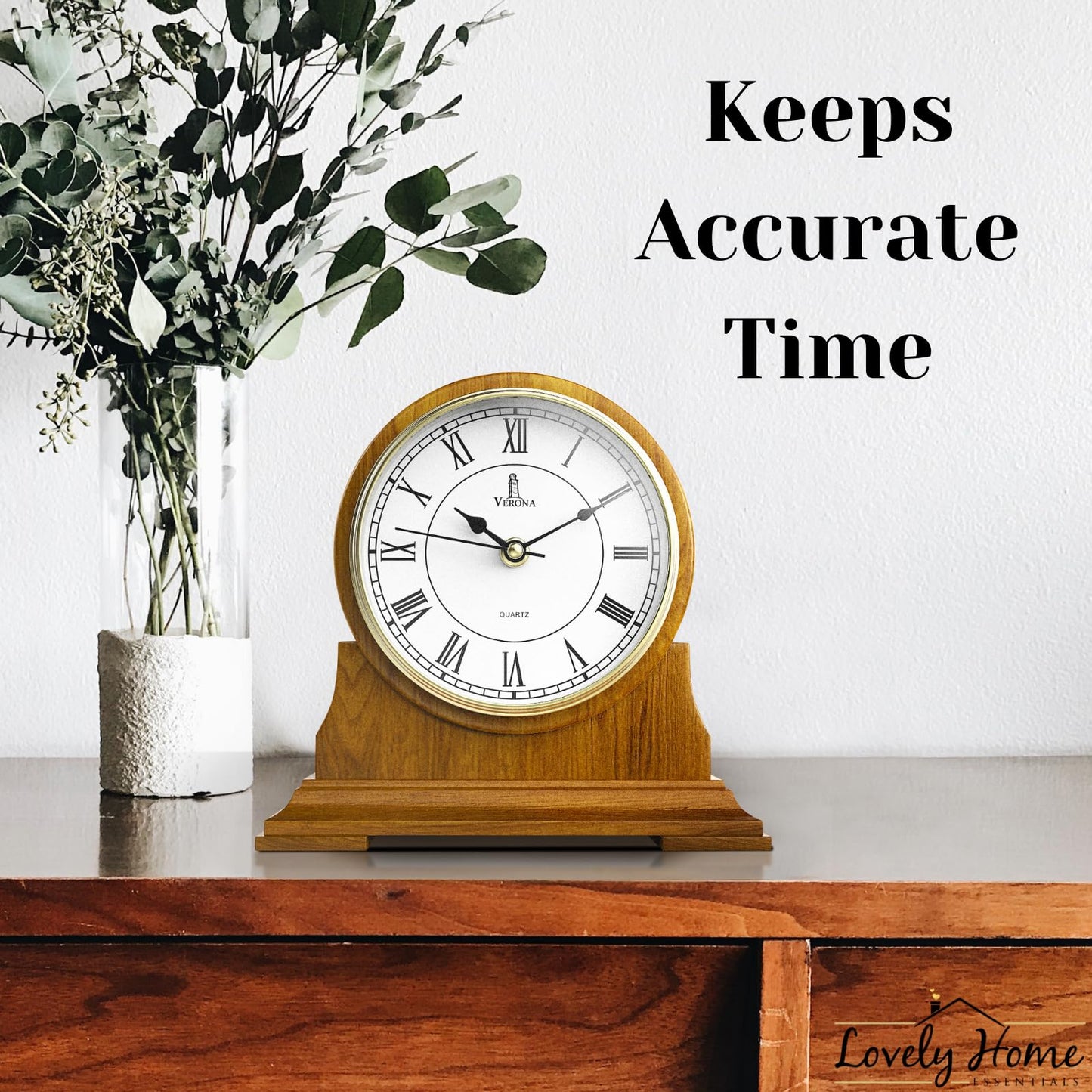 Mantel Clock for Living Room - Decorative Wood Mantle Clock Battery Operated - Silent Wooden Mantle Clock for Living Room Decor Above Fireplace Mantel, Office, Table, Shelf & Home Décor Gift 9x8.5