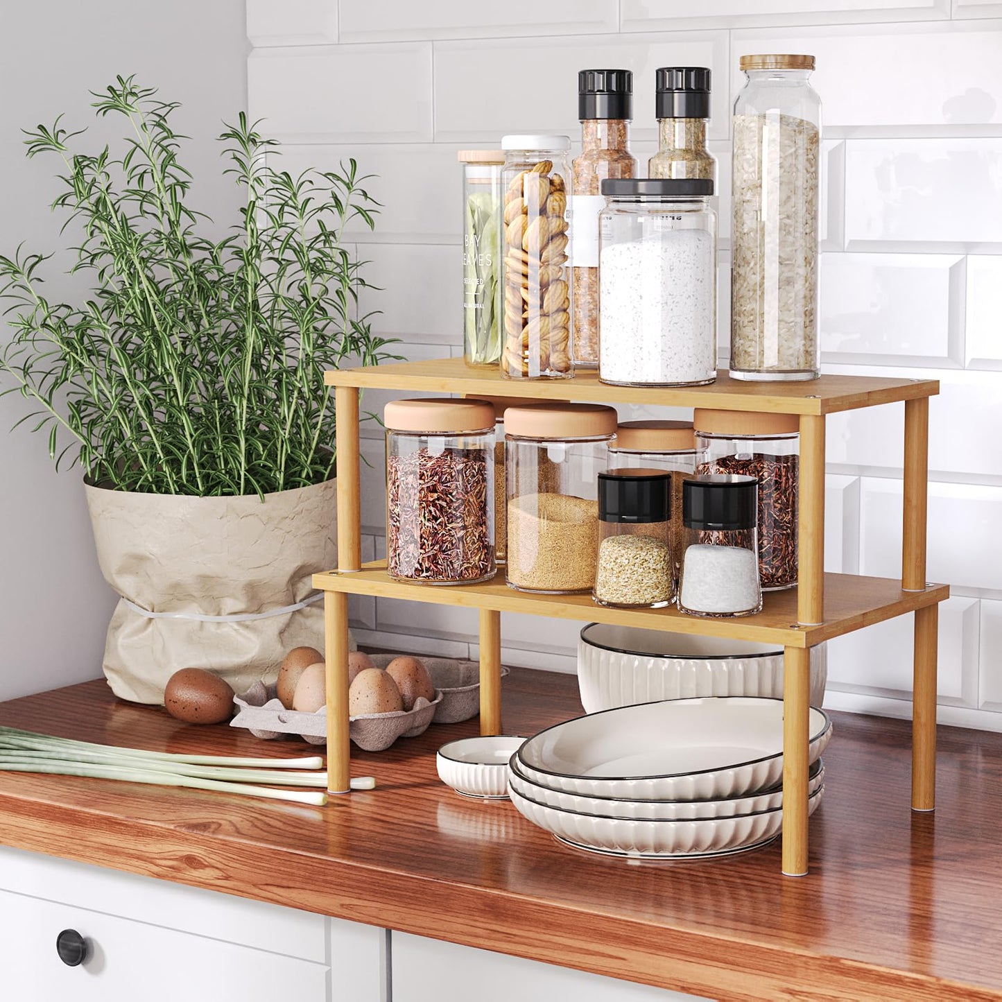 VERTORGAN Cabinet Organizer Shelf(Set of 2),Kitchen Counter Shelves,Bamboo Stackable Expandable Spice Rack Countertop(Large)