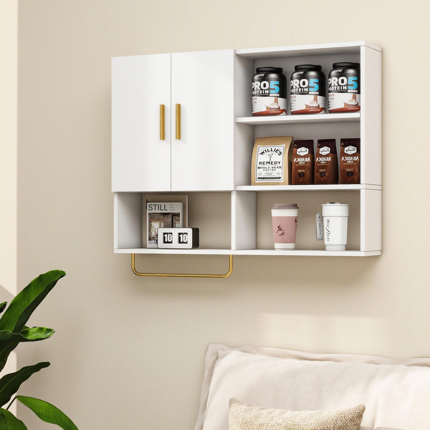 Tltaroni Bathroom Wall Cabinet Wood Large Wall Mounted Medicine Cabinet with 2 Doors and 4 Open Shelves Over Toilet Storage Cabinet Organizer with Towel Bar,White