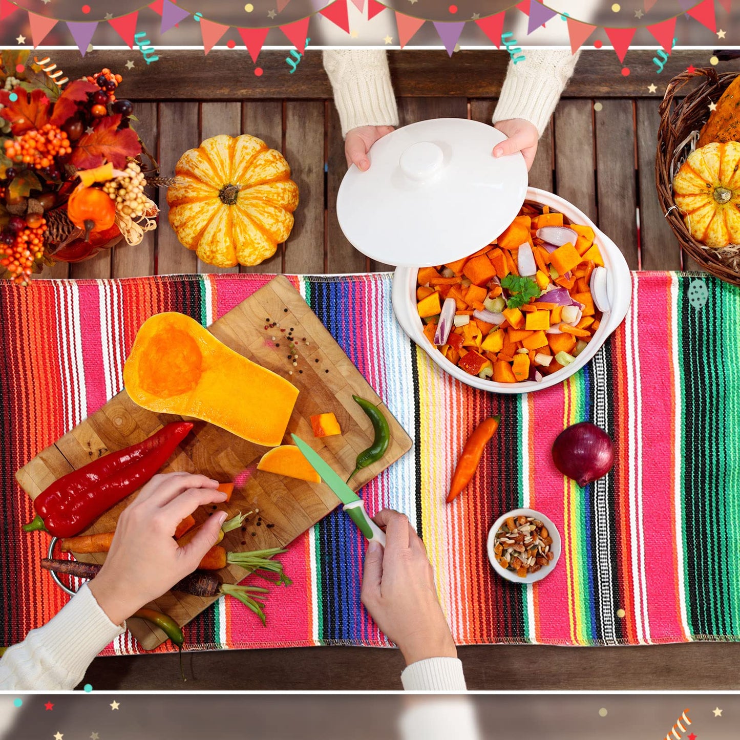 Tegeme 12 Pcs Mexican Table Runners 14 x 84 Inch Mexican Serape Table Runner Decor Blanket Fringe Cotton Table Runner Decoration for Cinco De Mayo Party Wedding(Novel Style)