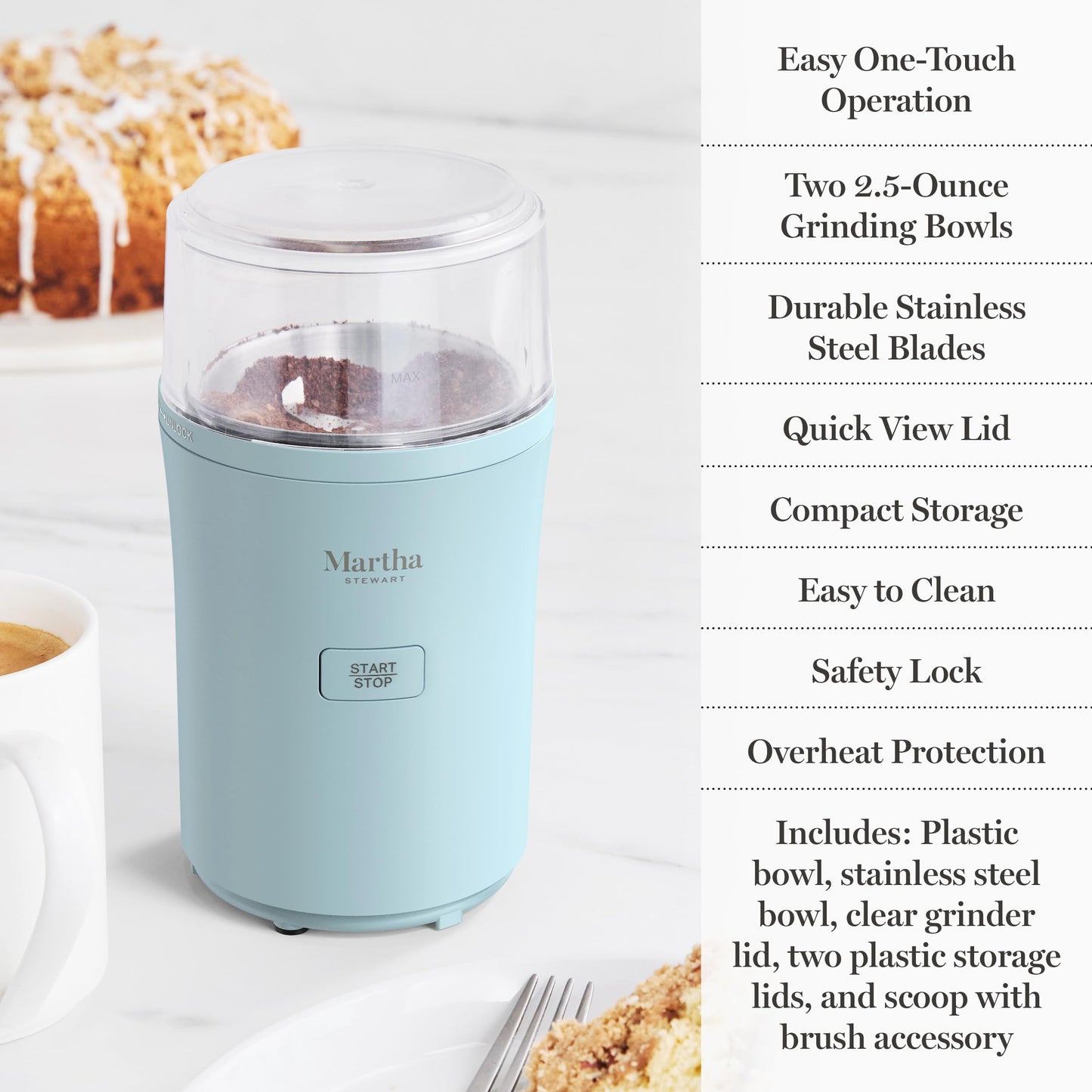 Martha Stewart Electric Coffee & Spice Grinder, Dual 2.5oz Removable Bowls, Storage Lids, Stainless Steel Blades, One Touch Pulse Control, 2-in-1 Compact, Beans & Spices, Herbs & Nuts, Sky Blue