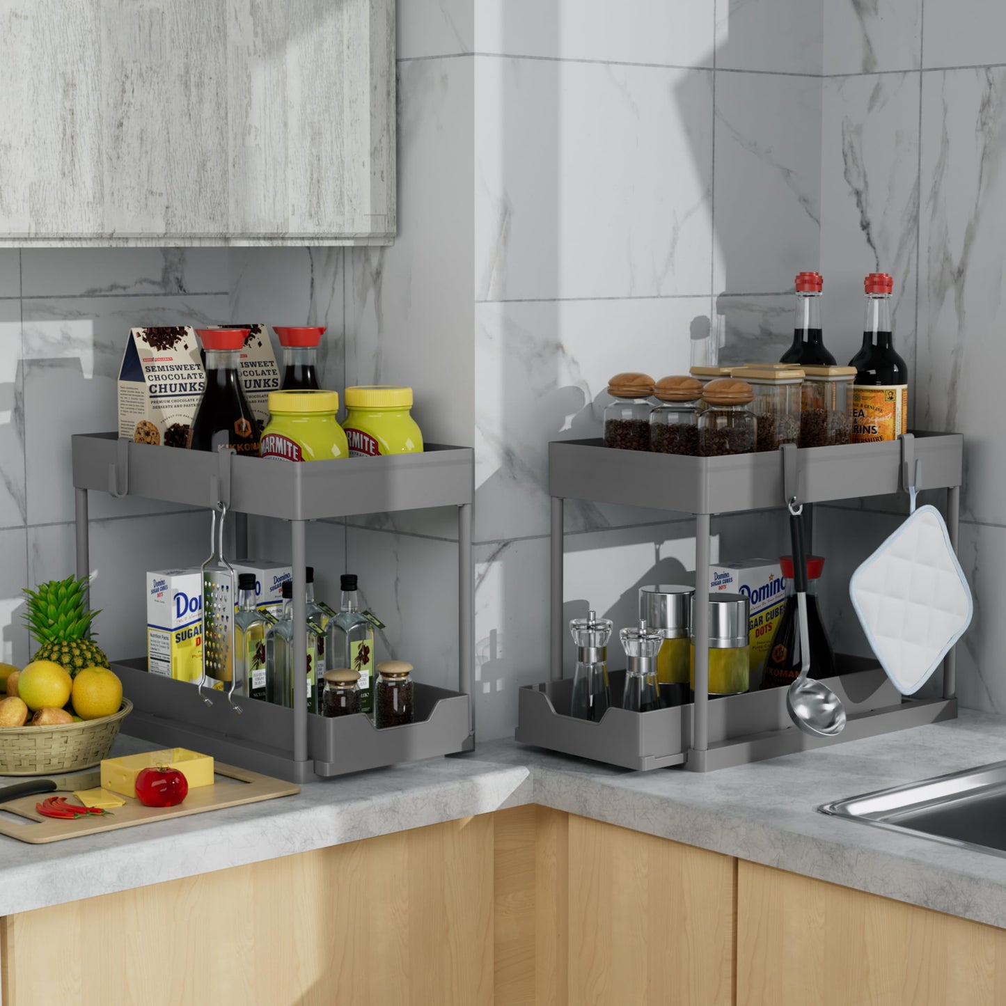 DEKAVA Under Sink Organizer 2 Pack,Bathroom Cabinet Organizer,2 Tier Sliding Cabinet Basket Organizer Drawer, Multi-Purpose Bath Collection Baskets for Bathroom (Grey)