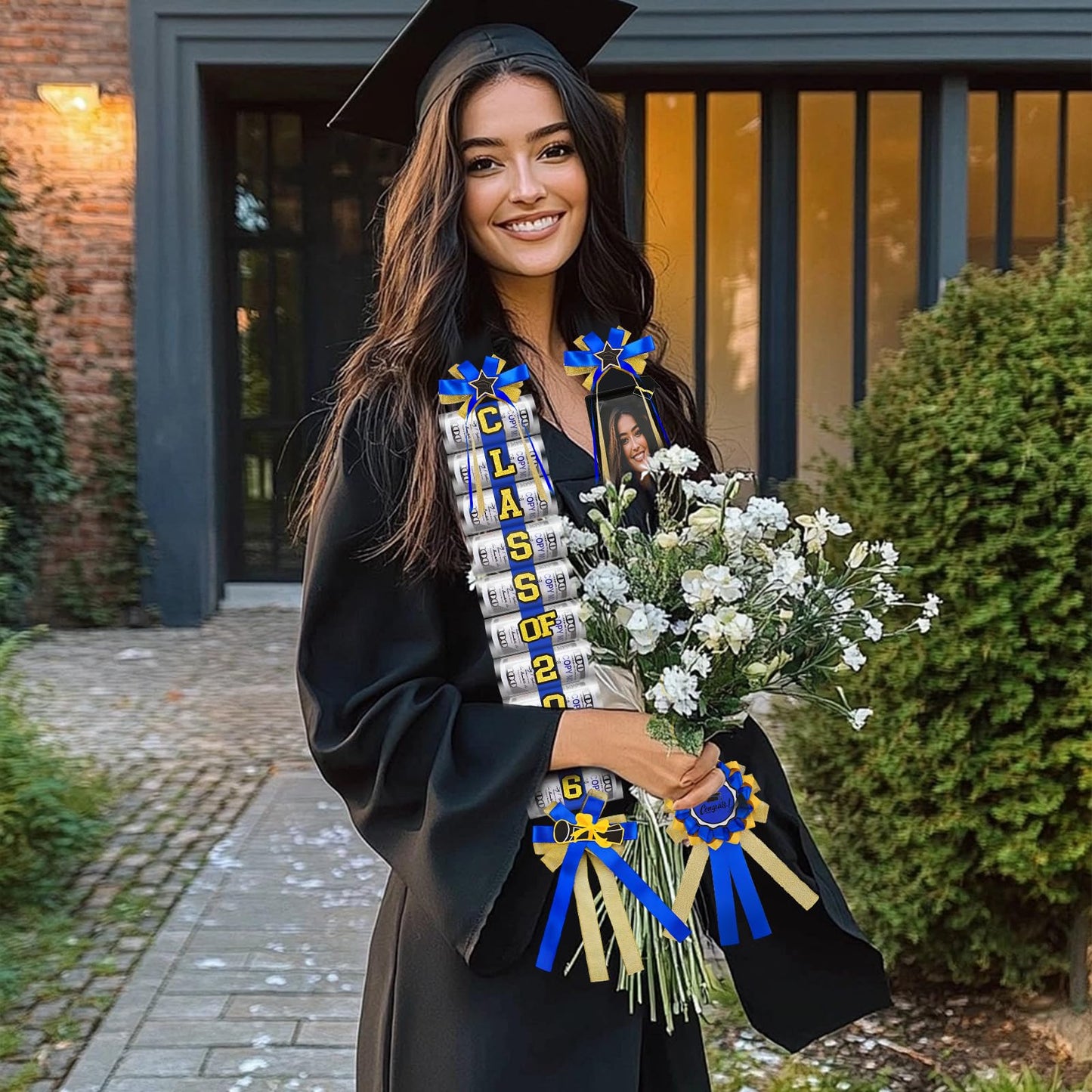 Phoncoo 2026 Graduation Money Lei with Cash Holder, DIY Graduation Ribbon Leis Class of 2026 with Felt Photo Frame for High School College Grad Party Gifts Supplies (Blue)