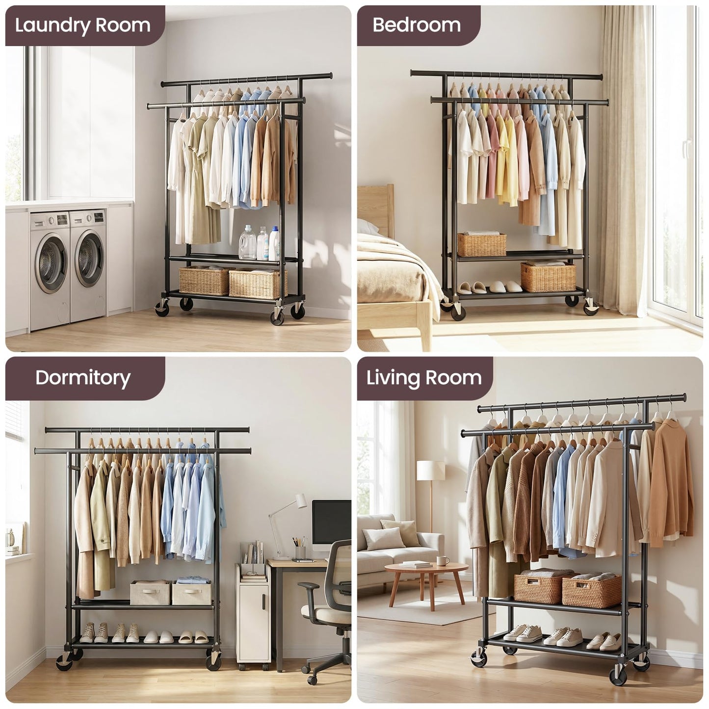 WATIOWL Clothes Rack, Double Rods Rolling Clothing Rack for Hanging Clothes Closet Rack with Wheels, Metal Portable Garment Rack with Double Shelves for Bedroom Laundry Living Room, Black