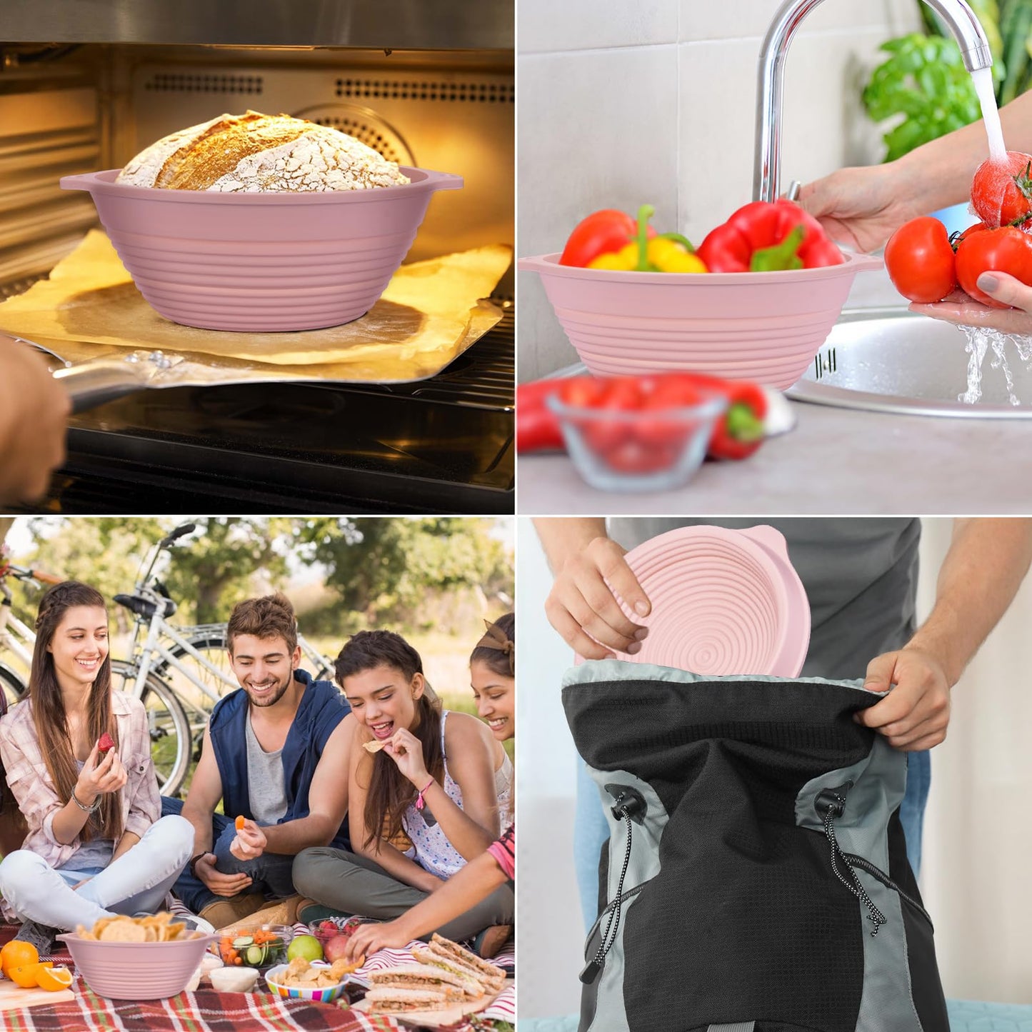 Upgraded 9" Silicone Banneton Bread Proofing Basket 4Pcs, Built-In Reinforced Steel Rim Ring, Collapsible Non-Stick Round Dough Proofing Bowl, with Handles, Oven & Dishwasher Safe, BPA Free