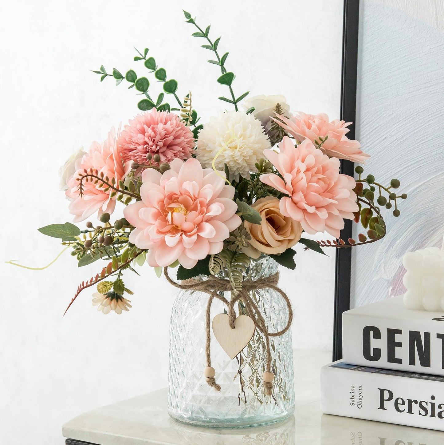 Aubcee Fake Flowers with Vase,Faux Flowers in Vase for Home Decor,Silk Pink Dahlia Artificial Flowers with Vase for Coffee Table Decor,Living Room Bathroom Plant Decor, Centerpiece Table Decorations