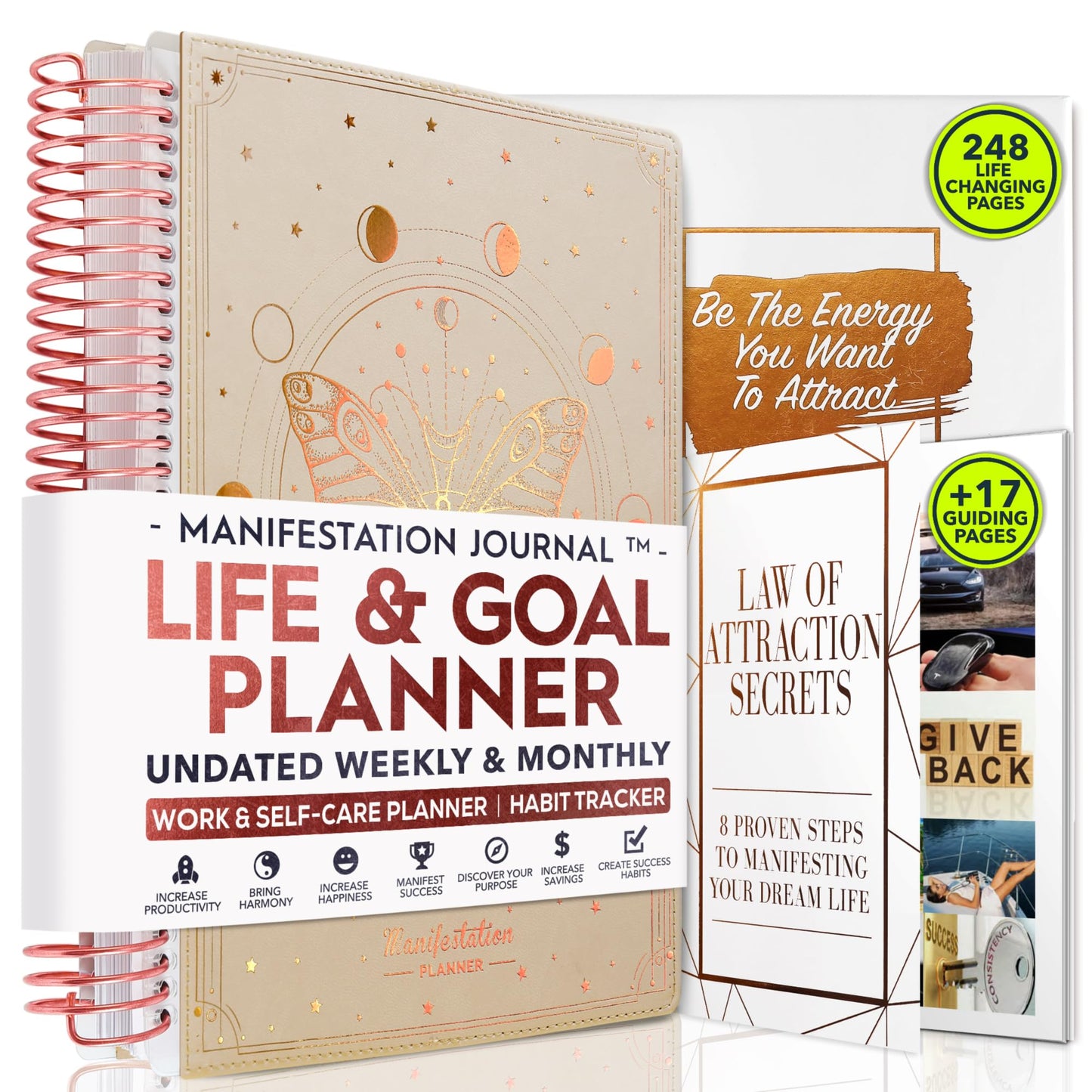 Manifestation Journal – Hourly, Weekly & Monthly Planner | 12-Month to Increase Productivity, Life Organizer & Goal Planner | Spiral Journal, Habit Tracker, Foldable Vision Board, Gift Box & Stickers