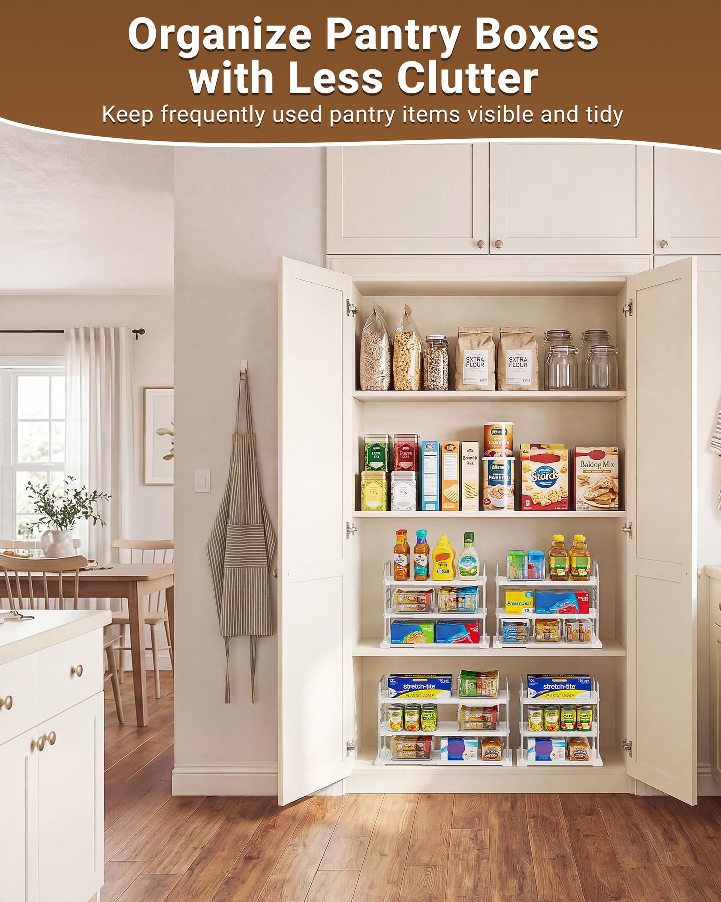 EVERIE Extendable 3-Tier Kitchen Cabinet & Pantry Organizer for Plastic Wrap, Foil & Storage Bags, Adjustable Heavy Duty Shelf Rack for Wrap Boxes, Jars & Snack Boxes (11–16.7 in Wide), Pack of 2