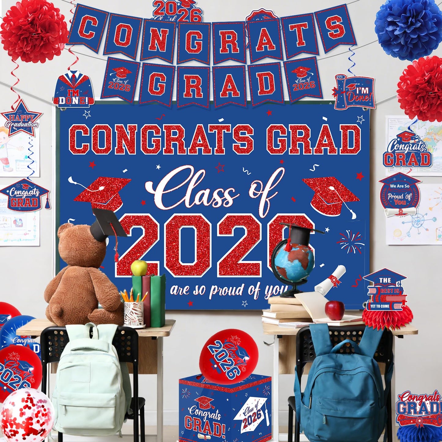 Graduation Decorations 2026 Congrats Grad Banner Kit with Class of 2026 Backdrop Porch Sign Hanging Swirls Honeycomb Centerpieces Balloons Box for Grad Party Decorations (Navy Blue-Red)