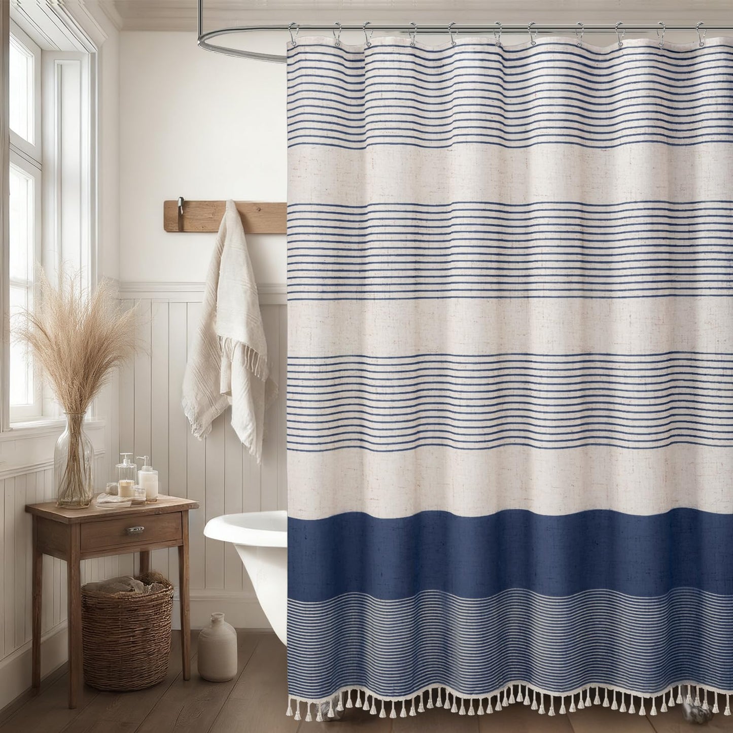 XOGUIBO Navy Blue Shower Curtain Linen Coastal Ocean Striped Shower Curtains for Bathroom with Tassel 72 X 72