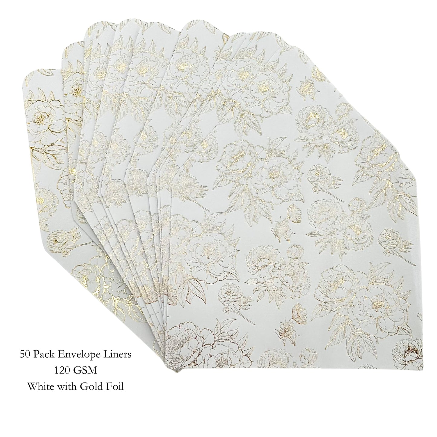 A7 Euro Flap Envelope Liners for 5x7 Insert, 50 Pack, Wedding Invitaion (Gold Foil Floral)