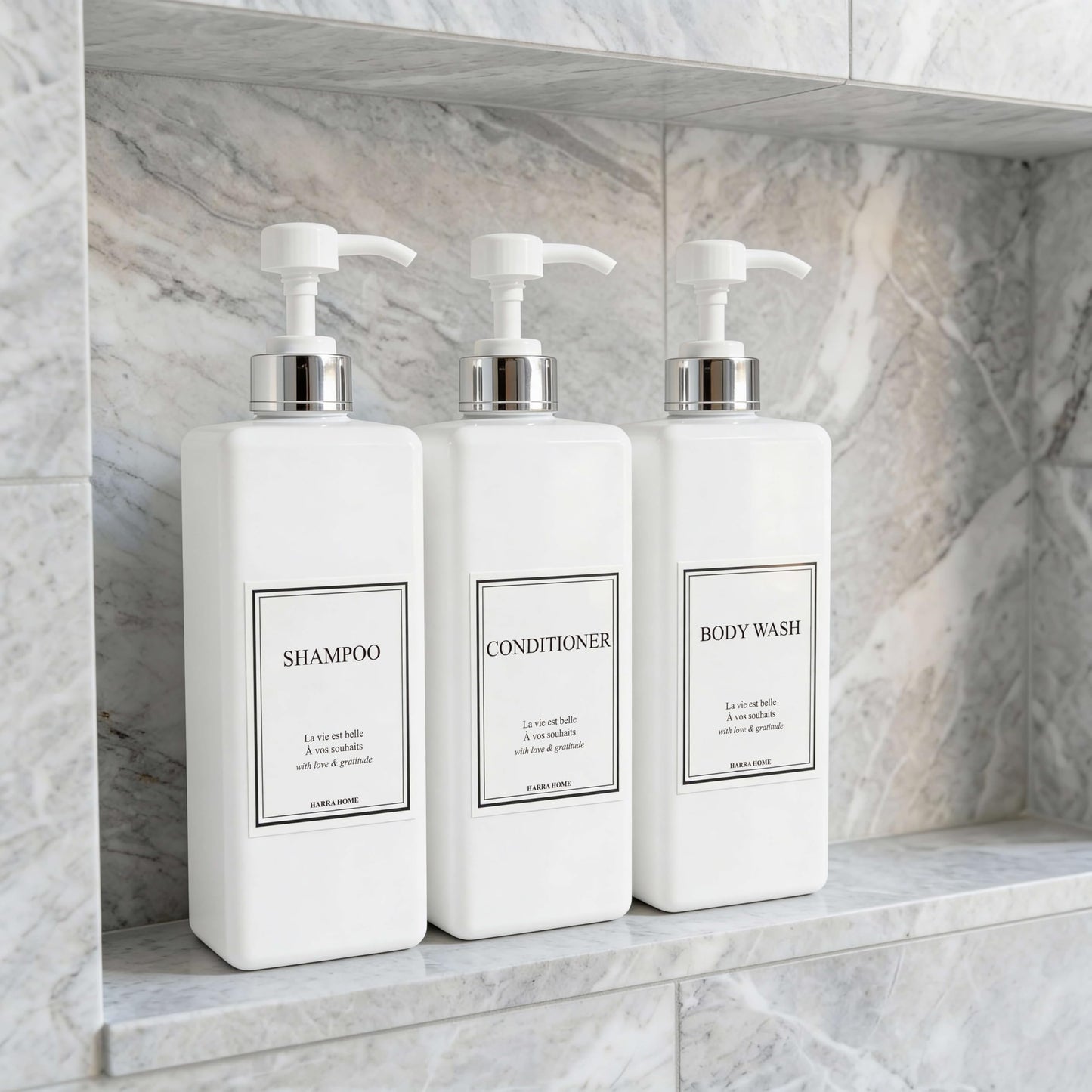 Shampoo and Conditioner Dispenser - Modern Design Large 27oz Shower Soap Dispenser Set of 3, Refillable Empty Plastic Pump Bottles for Bathroom, 6 Waterproof Labels Included, White & Silver