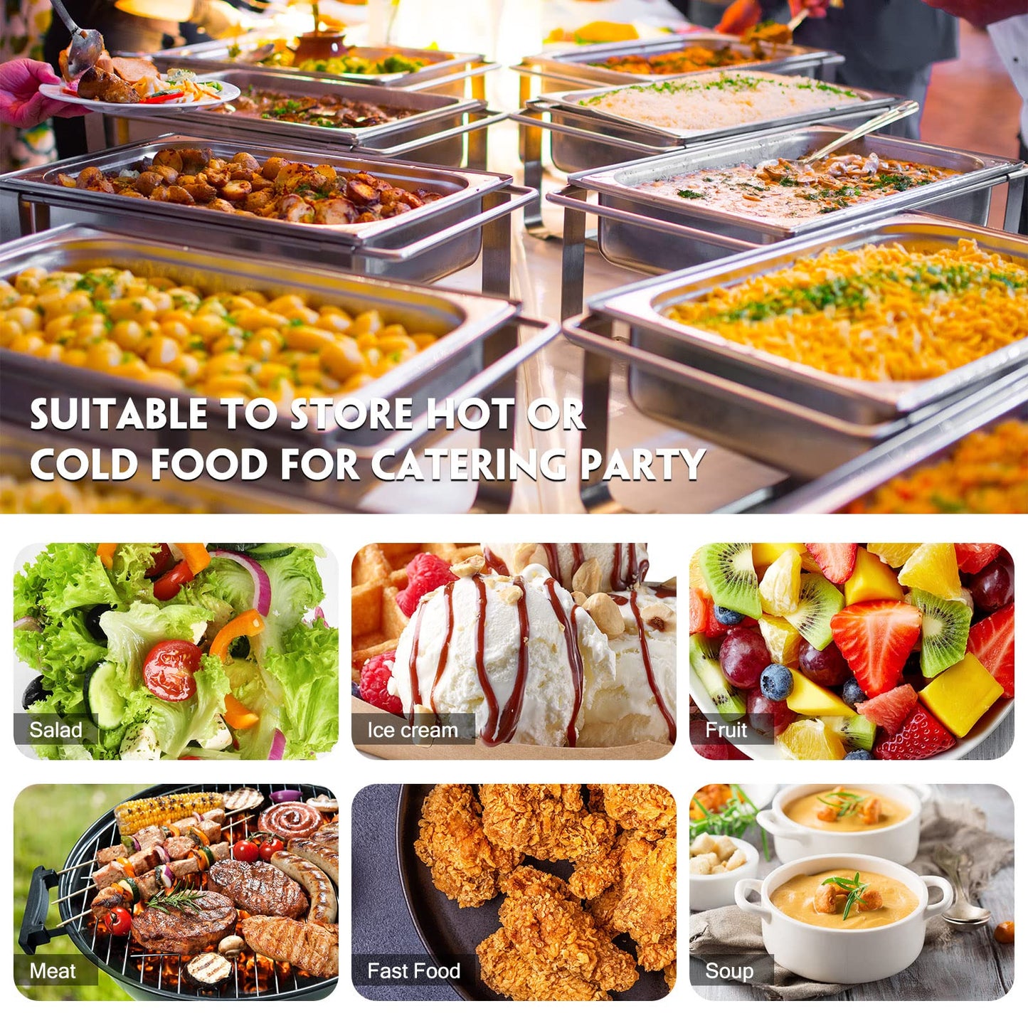 10 Pack Hotel Pans Stainless Steel Steam Table Pan 1/3 Size, 0.8 mm Thick Anti Jam Warming Pans for Food Warmer Restaurant Catering Supplies, 12.8 x 6.9 Inch(6 Inch Deep,Standard)