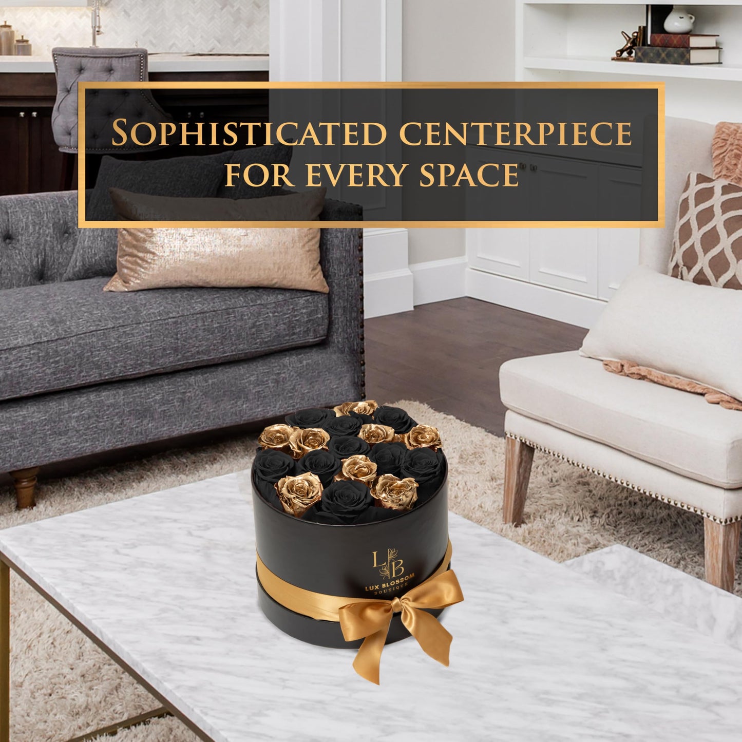 17 Black & Gold Forever Roses, Velvet Box - Luxury Black Roses, Graduation Flowers, Golden Roses, Preserved Rose Gifts for Women, Flowers for Teacher, Black Roses for Delivery Prime