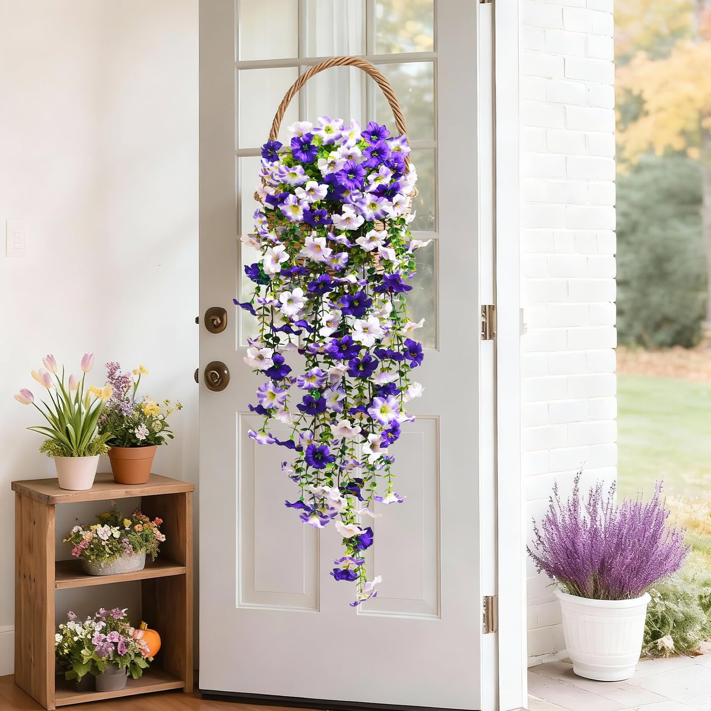 Waipfaru Artificial Petunias Flowers for Outdoors, 4 Pcs UV Resistant Fake Hanging Plants Spring Outside Decor, Faux Silk Flowers Long Trailing Vines for Outdoor Planters Porch Garden (Purple White)