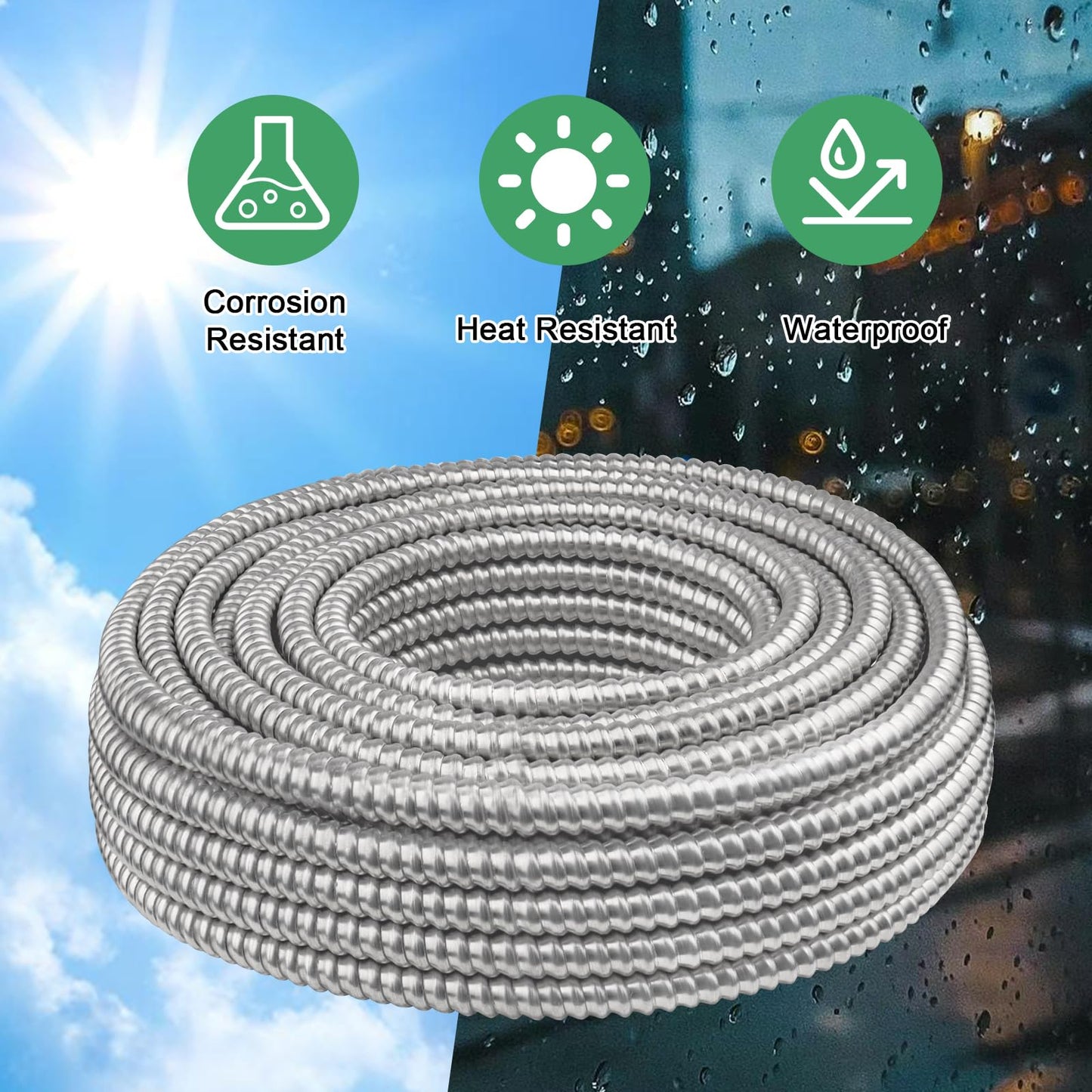 100ft 14/2 Metal Clad (MC) Cable with Ground, 14 Gauge Electric Wire with Aluminum Armor, Solid Bare Copper Conductors for Indoor Outdoor Underground Embedded Installation (14/2, 100 ft)