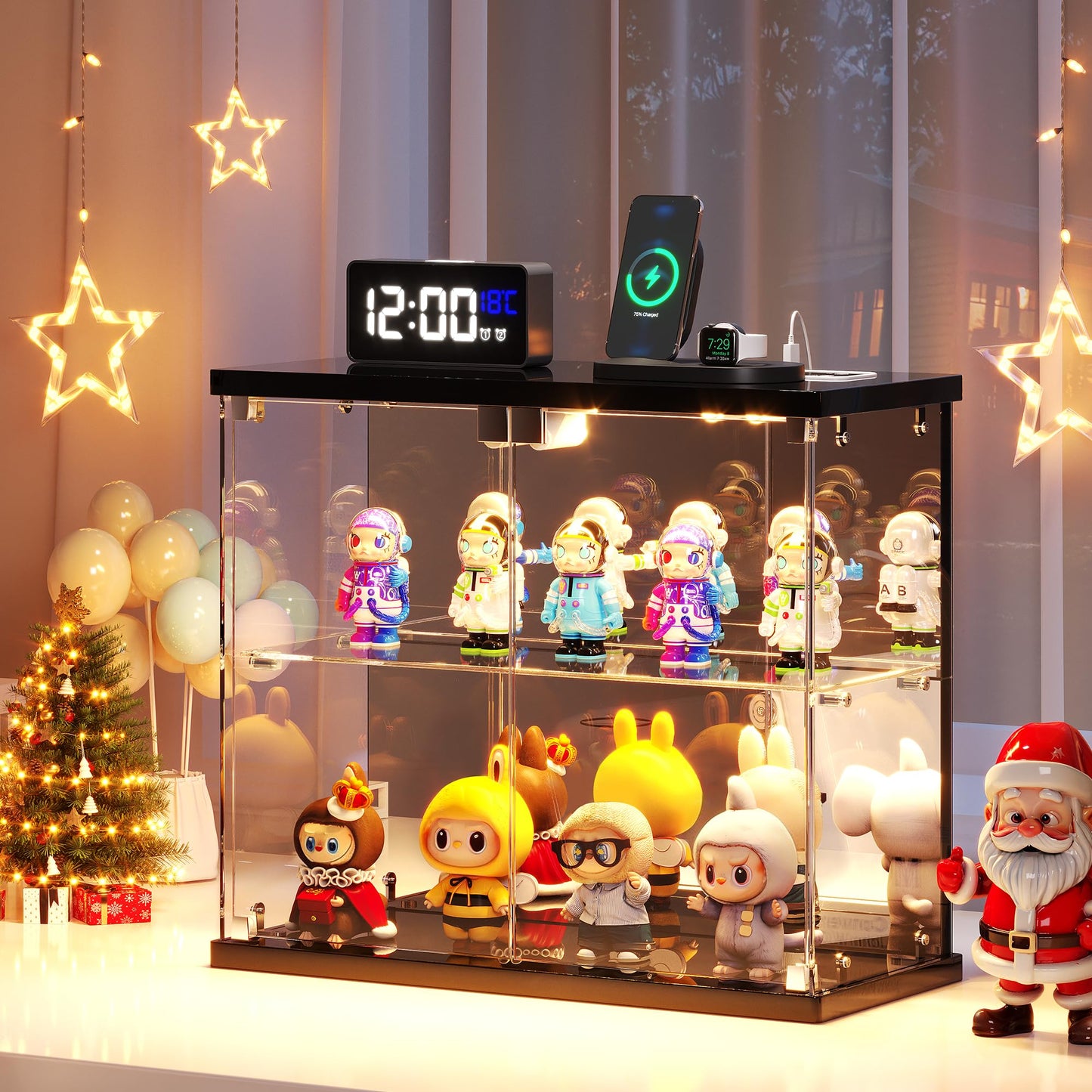 Dystler Lighted Clear Glass Display Case - for Figures & Collectibles, Small 2-Tier Display Cabinet with Charging Station, LED Display Box with Lights & Human Sensor, for Model Car, Perfume, Black