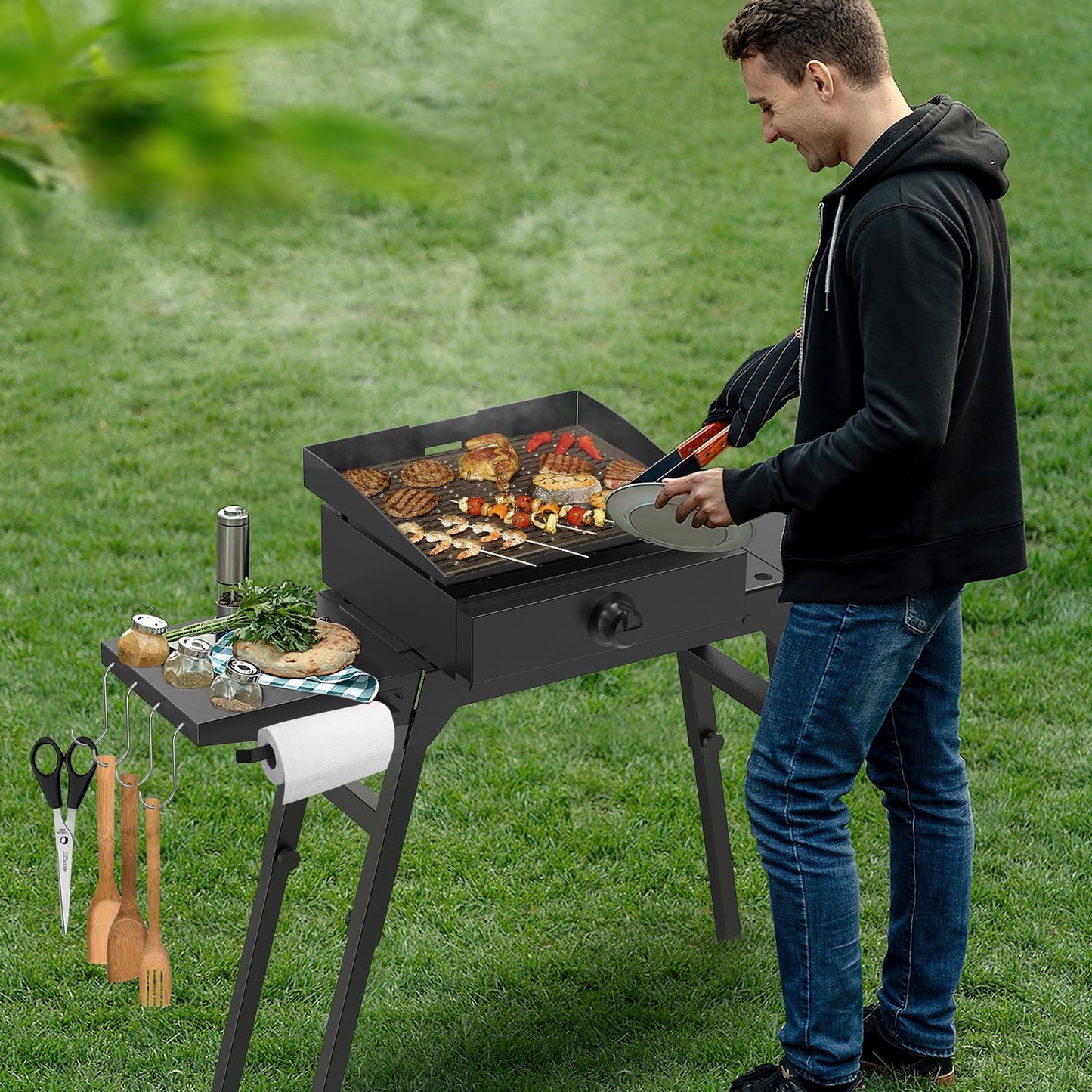 Griddle Side Shelf for Blackstone 17" and 22" Griddle Stand 5013, Griddle Table for Blackstone Griddle Stand with Sideshelf, Tool Hooks, Paper Towel Holder, Fit for 17 22 Inch Propane Table Top