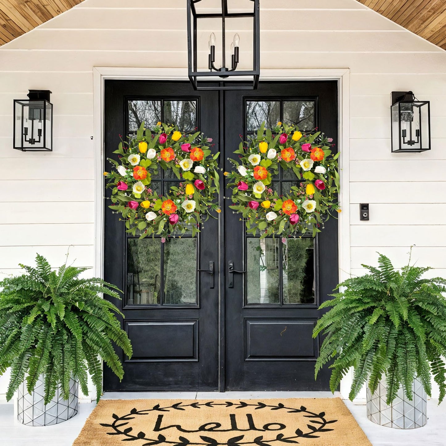 ICX 22" Spring Summe Wreaths for Front Door, Artificial Tulip Wreath with Orchids Green Foliage, All Season Farmhouse Window Wall Wedding Decor, Housewarming Gift