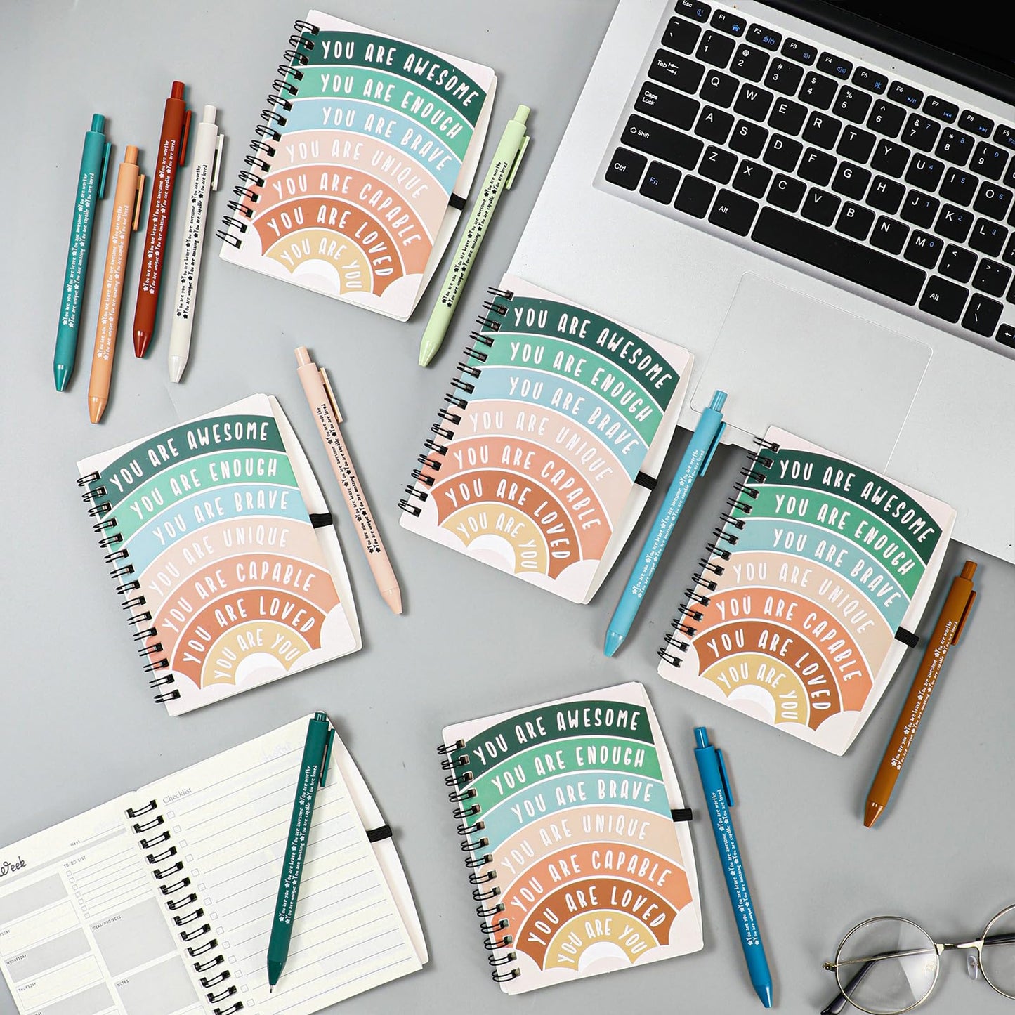 Thenshop 60 Pcs Mental Health Awareness Gifts Bulk 30 Self Care Notebook Journals 30 Positive Affirmation Pens for Women Office Staff Nurse Teacher Appreciation Student End of Year Gifts (Rainbow)