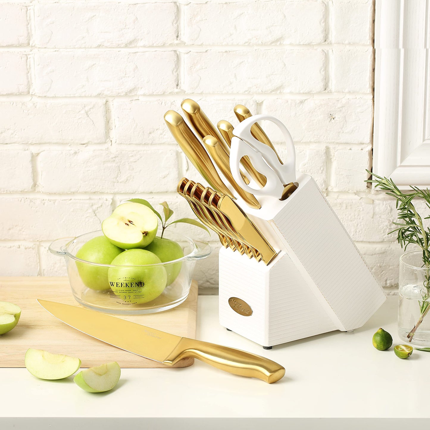 Marco Almond® Gold Knife Set, Knife Block Set MA21,Titanium Coated 14 Pieces Stainless Steel Chef Gold Kitchen Knife Sets with White Block