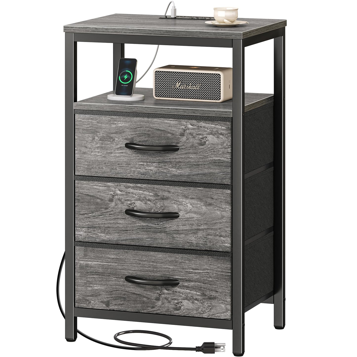 Huuger Nightstand with Charging Station, 27.6 Inch End Table Bedside Table with USB Ports and Outlets, Night Stand for Bedroom, Fabric Drawers, Grey