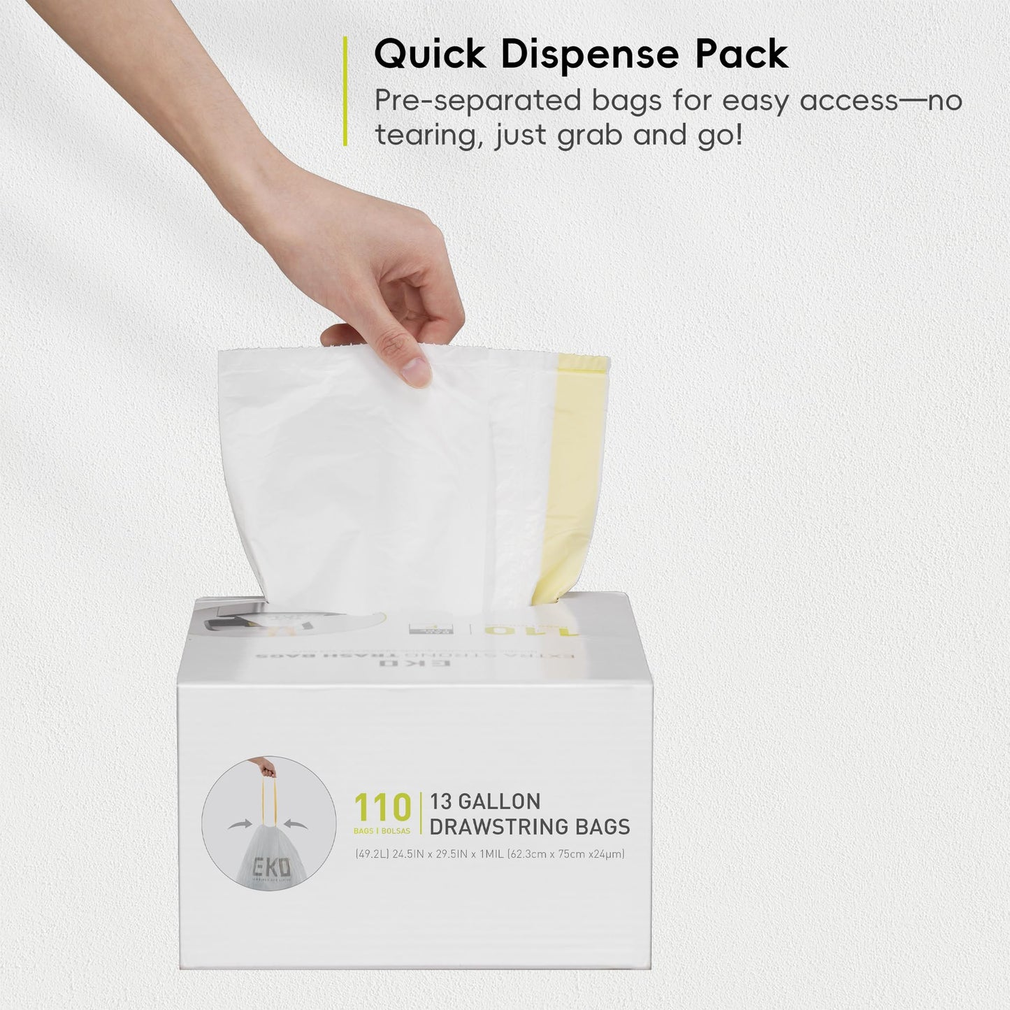 EKO 13 Gallon / 40-60 Liter,110 Count Drawstring Trash Bags, Extra-Strong Unscented Garbage Bags, Easy-Dispense Roll for Kitchen & Household Use, Resists Tears, Leaks and Punctures, Code F, White