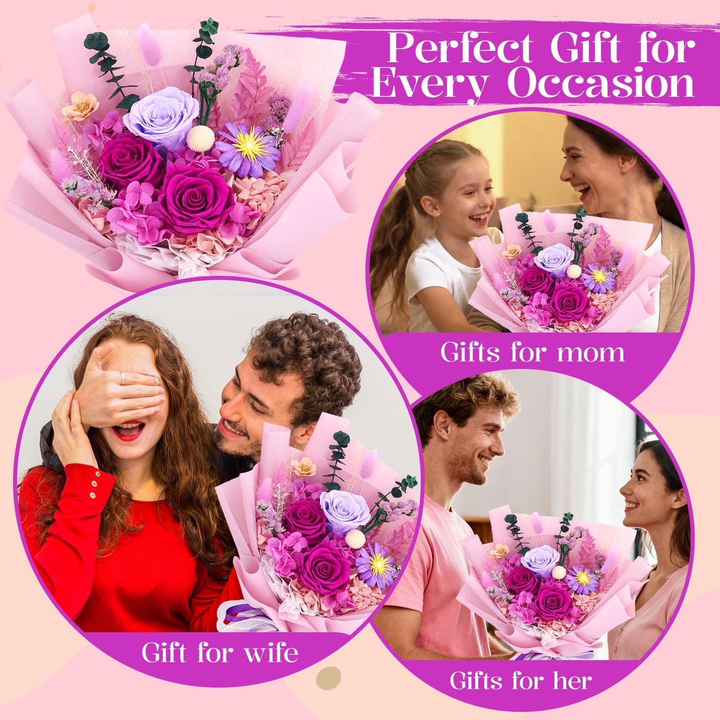 jabeick Preserved Flowers for Delivery, Purple Flowers Fresh Bouquet with Gift Box, Forever Eternal Rose for Her Mom Wife Girlfriend on Christmas, Valentines Day, Mother's Day, Birthday