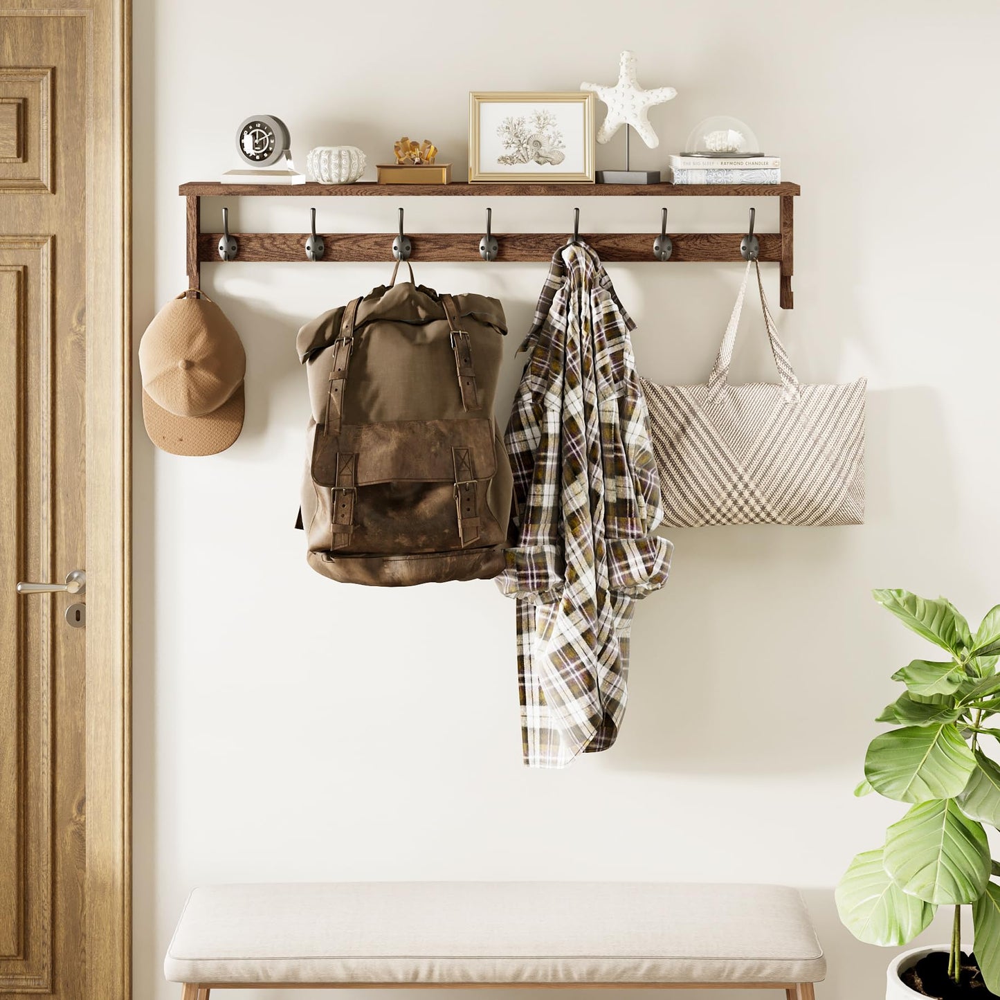 AMBIRD Coat Rack Wall Mount, 35 Inch Extra Long Wall Hooks with Hanging, Wooden Shelf with 7 Metal Hooks 2 Side Hooks, Wall Key Holder with Shelf in Entryway, Kitchen, Bathroom, Living Room, Bedroom