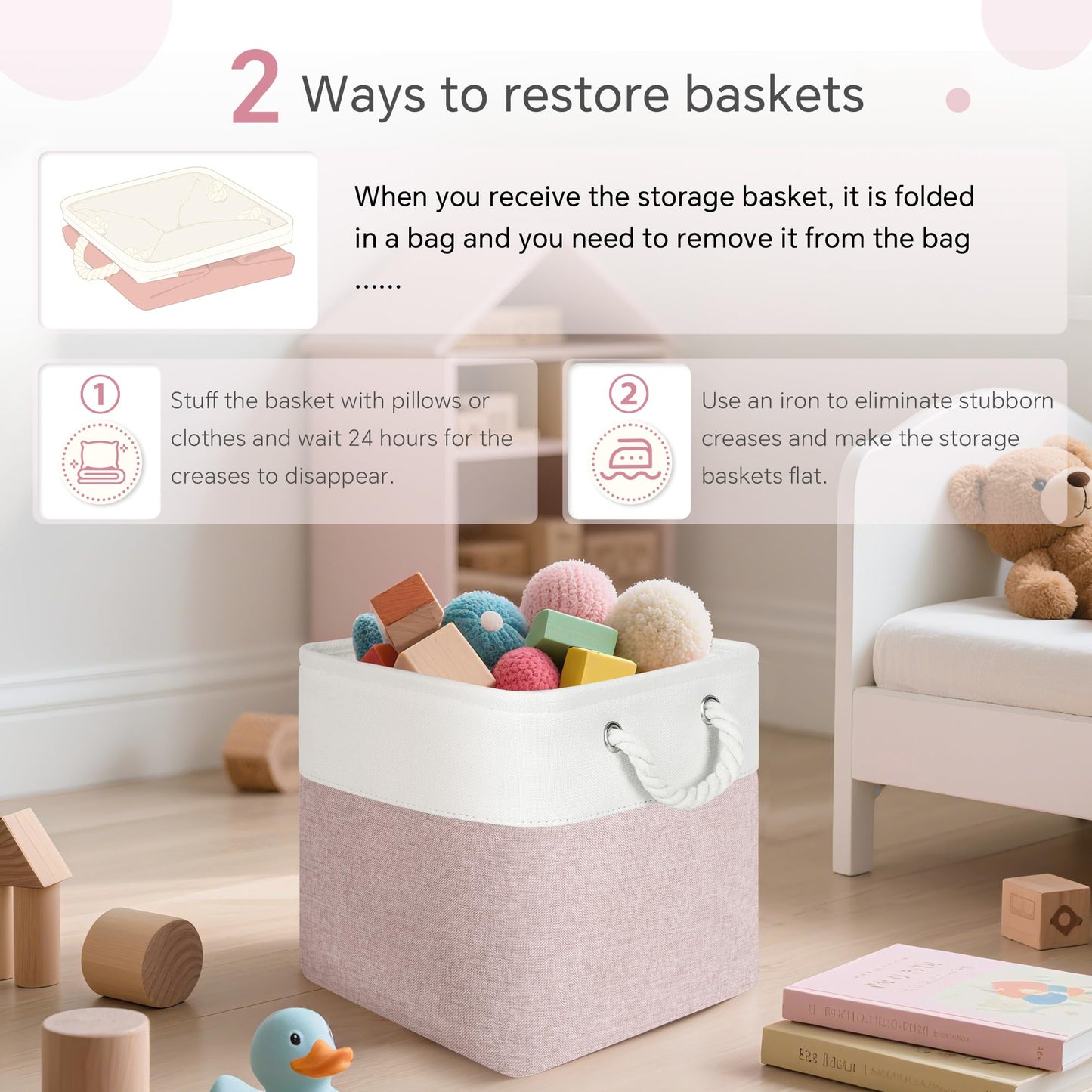 FinishingBo Cube Storage Bins, 6 Pack 11x11 inch with Cotton Handles for Closet, Shelves, Clothes, Towel (White/Pink)