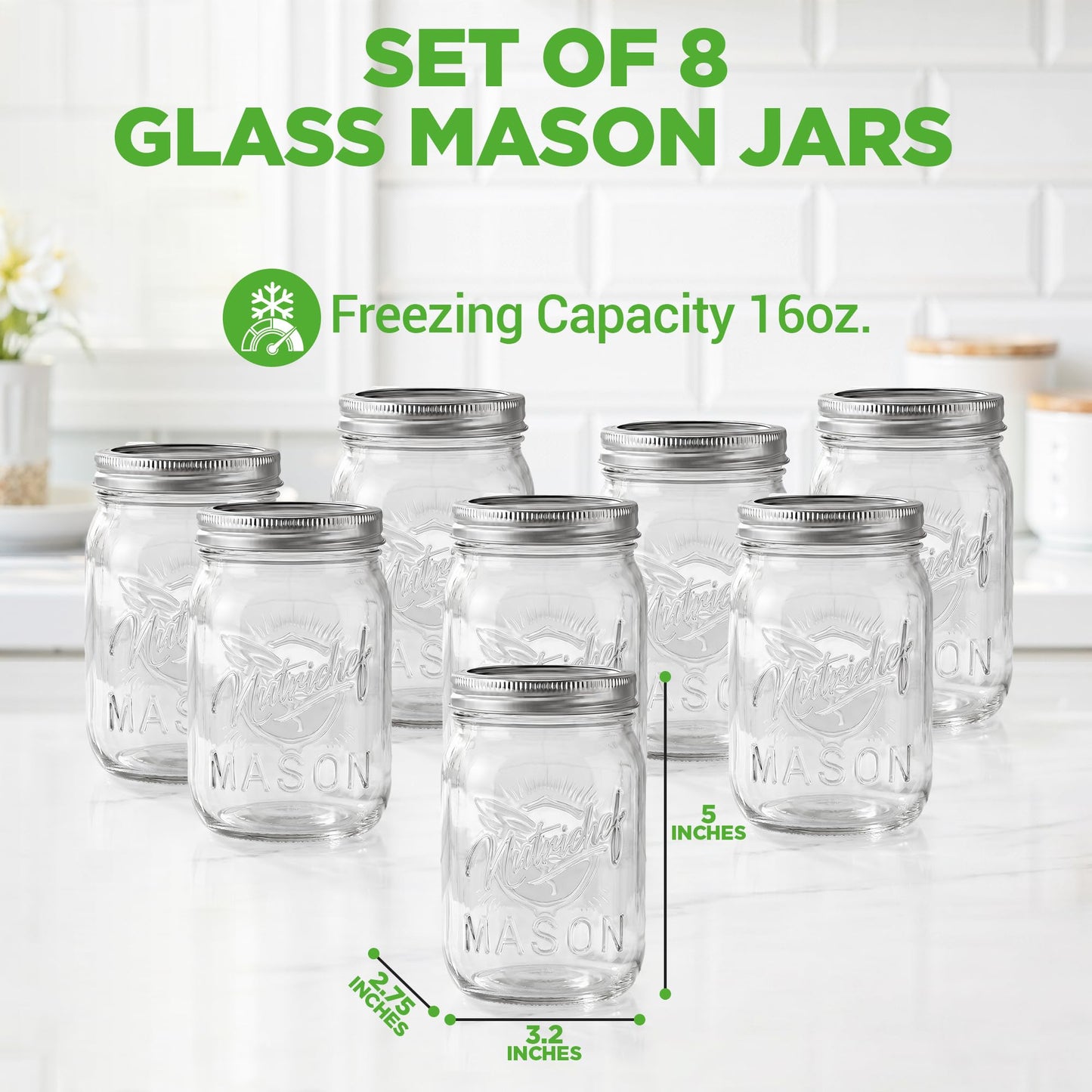 NutriChef 8-Pack 16 oz Mason Jars with Lids - Thick Glass Canning Jars with Stainless Steel Lids - Ideal for DIY Spices, Meal Prep, Overnight Oats, Jelly, Jam, Honey, Candles, Crafts, & More