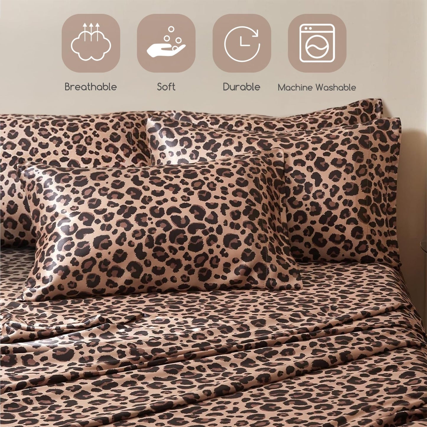 MR&HM Satin Bed Sheets with Elastic Corner Straps, King Size Sheets Set, 6 Pcs Silky Bedding Set with 15 Inches Deep Pocket for Mattress (King, Brown Leopard)