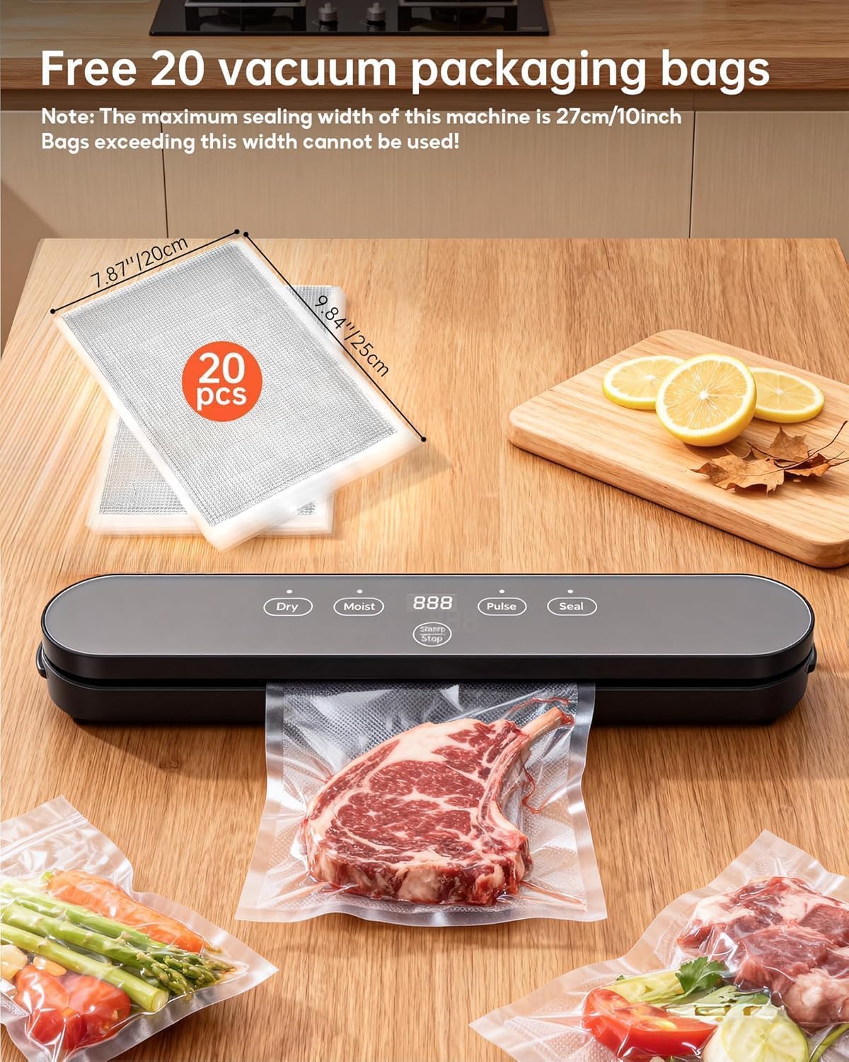75kPa Vacuum Sealer Machine, Compact Vacuum Sealer for Food, 4-in-1 Food Sealer, Digital Timer, Moist/Dry, Pulse, Seal Modes, with 20 Vacuum Bags, Black