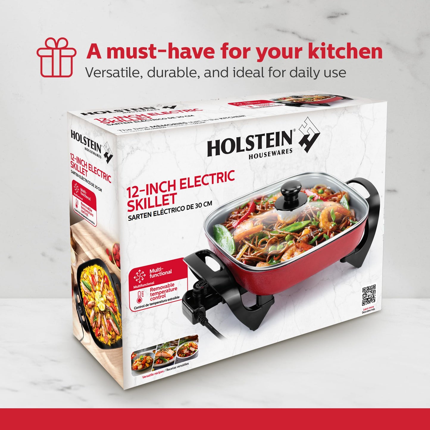 Holstein Housewares 12-Inch Electric Skillet - 1400W Electric Pan with Adjustable Temperature Control, PFOA-Free Non-Stick Coating, Cool-Touch Handles, Multi-Function Cooker, Red