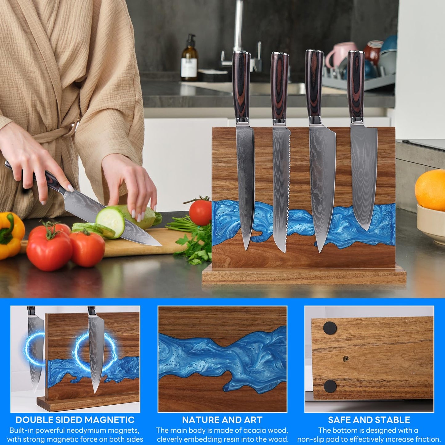 Ayiusideza Magnetic Knife Block | Double Sided Magnetic Knife Holder | Acacia Wood Magnetic Knife Rack | Magnetic Knife Storage Stand for Kitchen Counter, Blue Resin River, 12.59×9.84IN (No Knife)