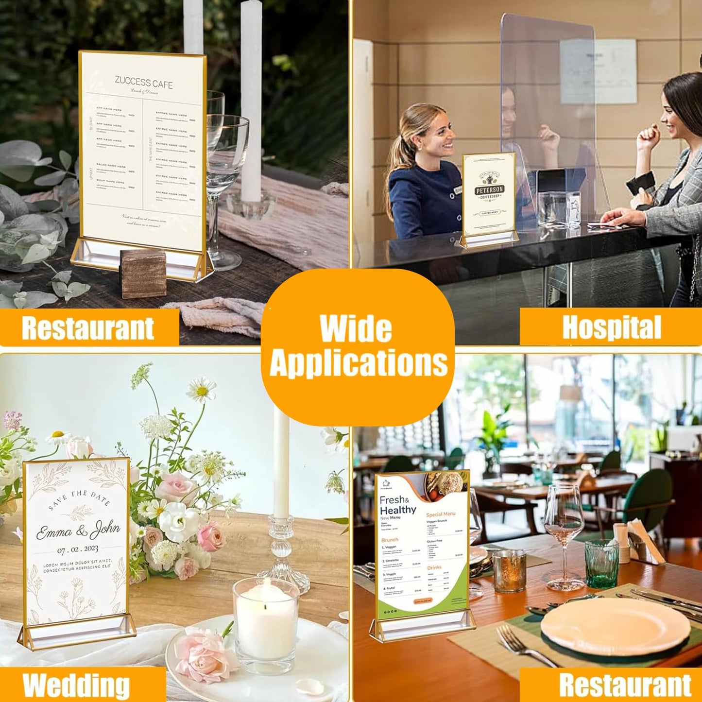 PIEMEET 18 Pack Acrylic Sign Holder with Golden Border, 4 X 6 Clear Sign Holders, Double Sided Gold Picture Frame, Gold Flyer Holder Vertical Stand, Table Menu Stands for Wedding Tables Sign Display