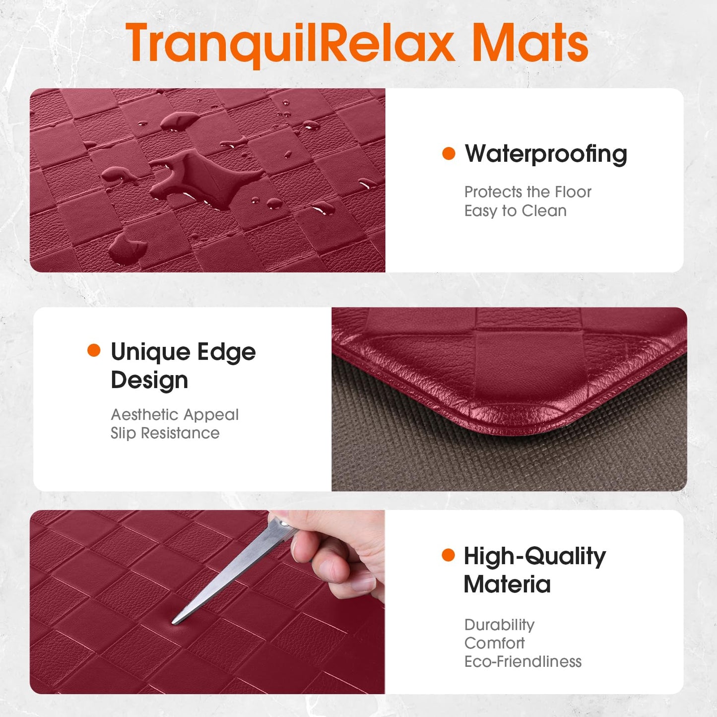 TranquilRelax Kitchen Mats, 2PCS Kitchen Rugs, Cushioned Anti Fatigue Kitchen Mats for Floor, Non-Slip Standing Desk Mat, Waterproof Kitchen Rug Set for Kitchen, Floor, Office,17.3"×30"+17.3"×47",Red
