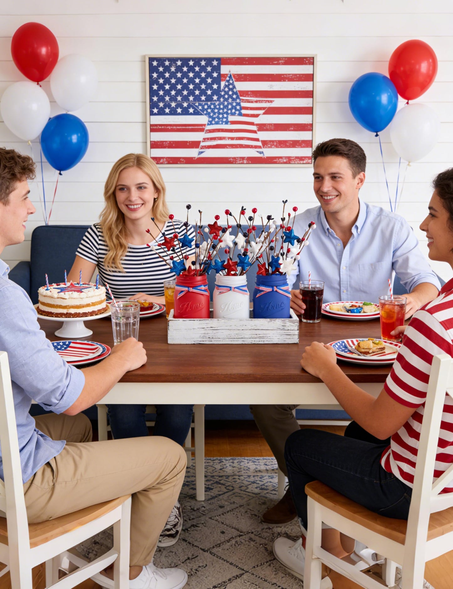 KIVIVO 4th of July Table Decorations, Mason Jar Memorial Day Decor with Artificial Picks, Fourth of July Patriotic Table Centerpieces, 10 Pcs Red White and Blue Independence Day Decorations for Home