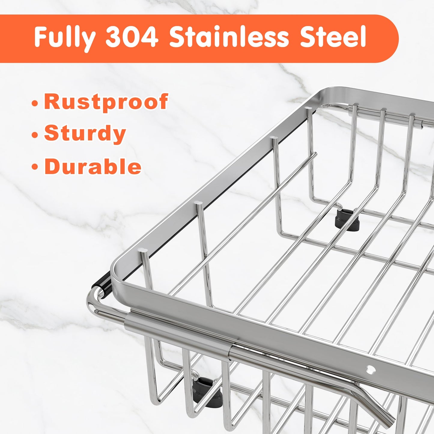 Expandable Over The Sink Dish Drainer Drying Rack In Stainless Steel Metal For Small Kitchen, Counter Space Saving Compact Above Plate Dryer Strainer, Adjustable Hanging Inside Sink Wire Drain Holder