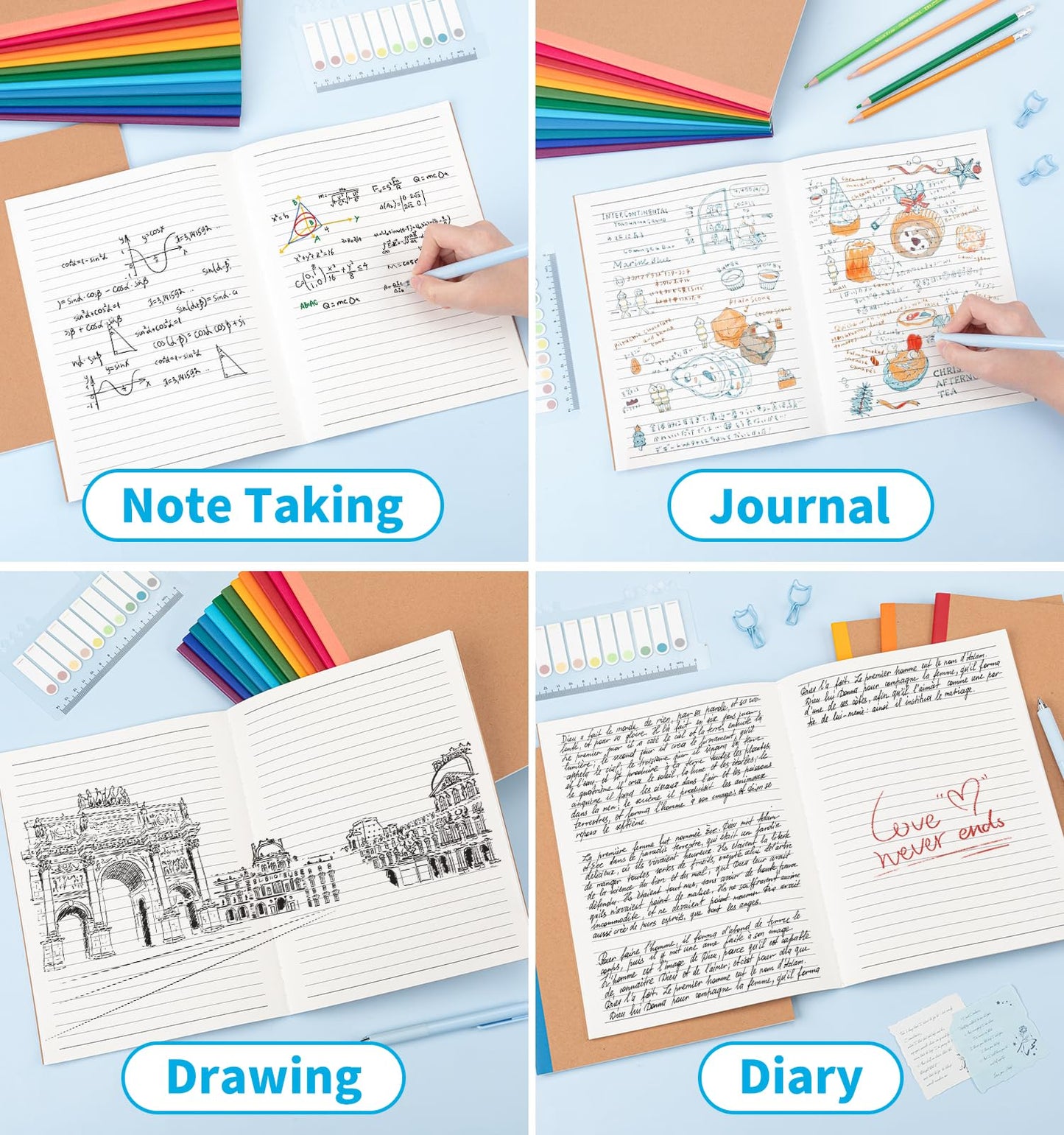 48 Pack Lined Notebook Journals Bulk, 7-1/2" x 9-3/4", Wide Ruled Paper, 30 Sheets/60 Pages, Kraft Cover with Rainbow Spines, 12 Colors Lined Composition Notebook Journal for Work Study Note Taking