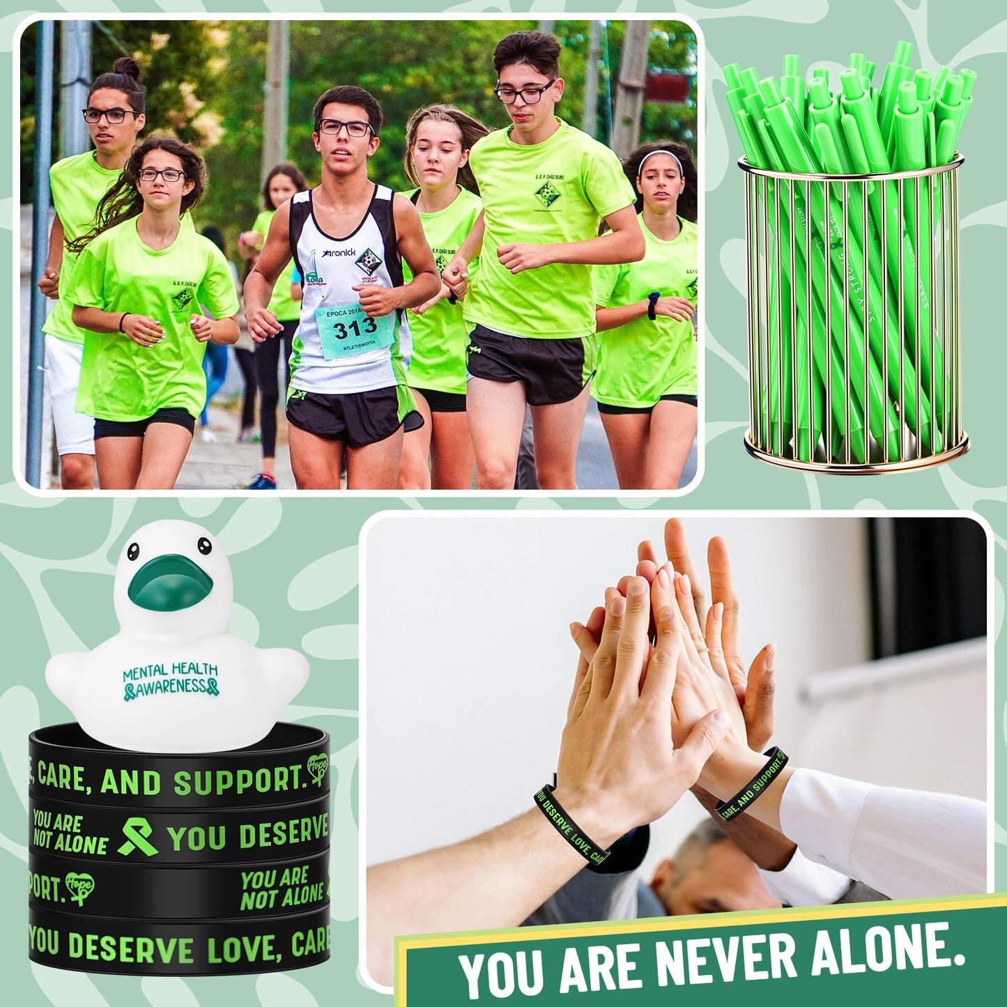 Fuyoooo 415 Pcs Mental Health Awareness Items Gifts Bulk Green Ribbon Bracelets Pens Rubber Ducks with Inspirational Stickers for Mental Health Awareness Suicide Prevention Charity Giveaways