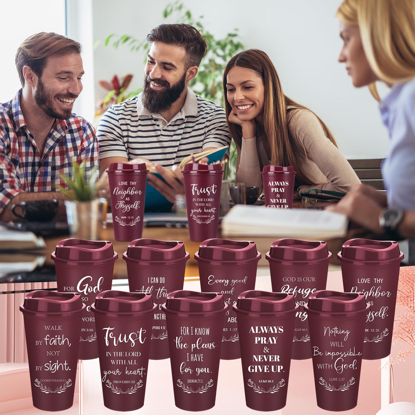 Skylety 40 Pack Christian Gifts for Fathers Bulk Church Gifts for Men 16oz Inspirational Bible Verse Coffee Cups with Lids for Dad Teacher Graduation Party Favor (Burgundy)