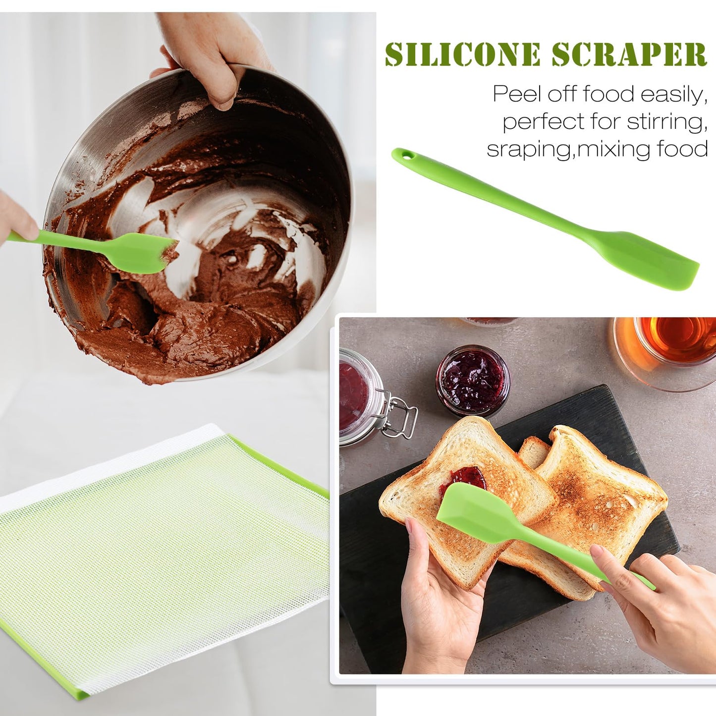 Thenshop 8 Silicone Dehydrator Mats & 10 Mesh Dryer Mats and 1 Baking Scraper, Reusable Non Stick Silicone Dehydrator Tray with Edge for Baking Fruits Meat Vegetables(Green)