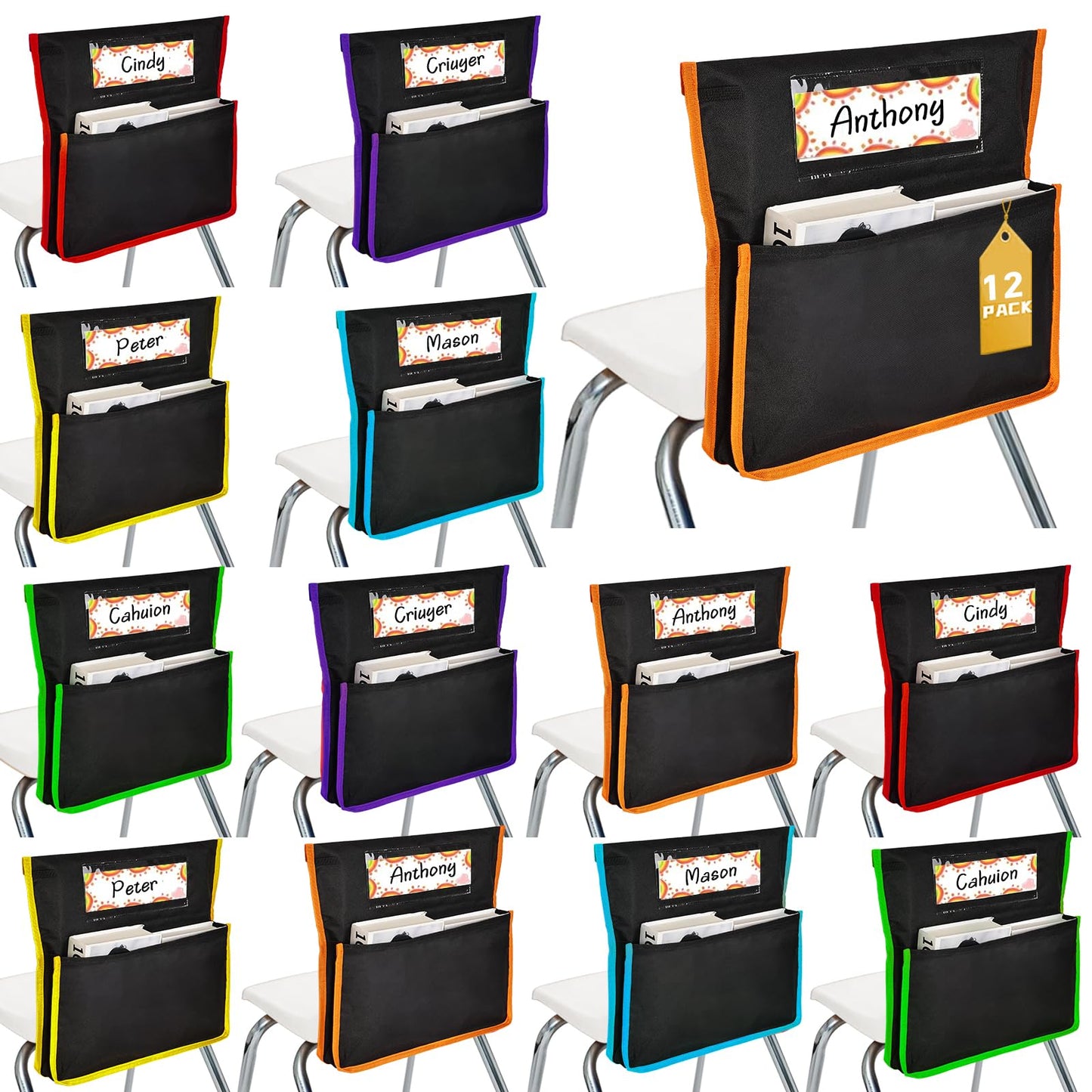 Runpig 12 Pcs Classroom Chair Pockets, 17 x 15 Inch Seat Sacks for Chairs, Buddy Pocket, Chart Seat Back Organizer With Name Tag