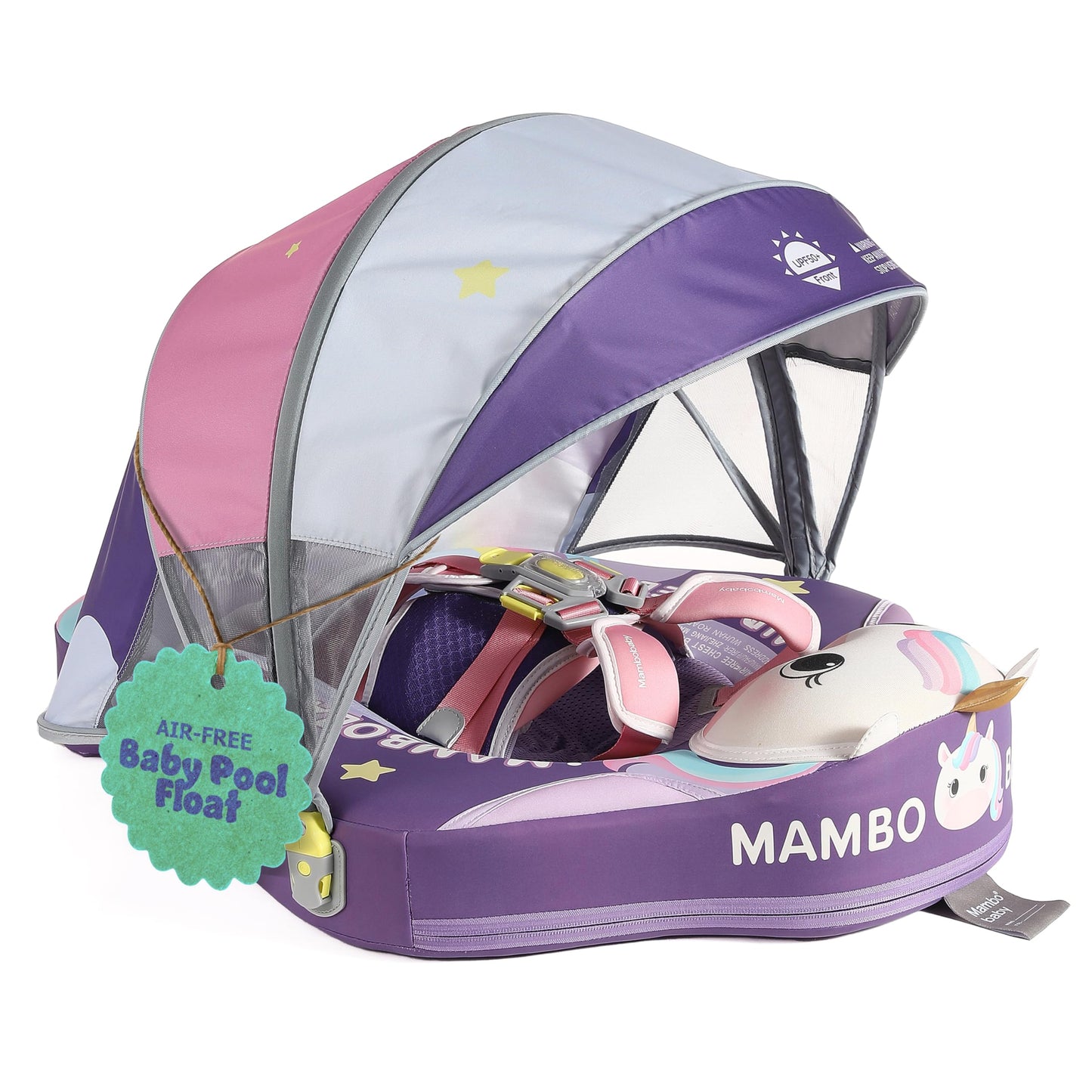 MAMBOBABYFLOAT Sunny Navigator Baby Pool Float with Canopy 2025 — Safe, Comfortable, Adjustable Float w/Sun Protection, Air-Free Foam Technology, 5-Way Buckle System - Unicorn, Pink