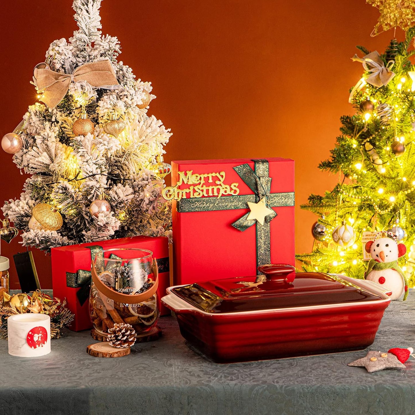 LOVECASA 4.5 Quart Ceramic Casserole Dish with Lid, 9x13 Baking Dish for Oven, Lasagna Pan Deep with Handles, Stoneware Bakeware, Oven & Dishwasher Safe, Gradient Red